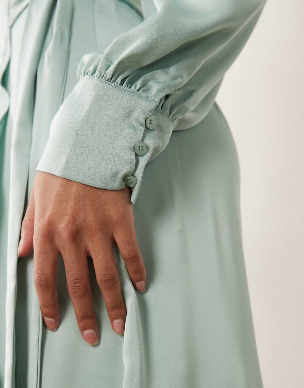 VILA long sleeve satin wrap midi dress in green milieu