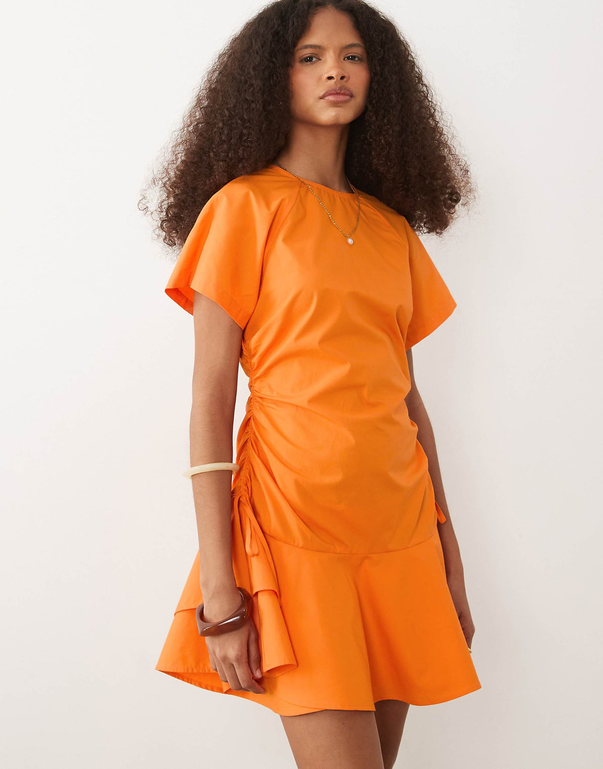 ASOS DESIGN poplin short sleeve mini dress with ruching tie waist detail in tangerine orange