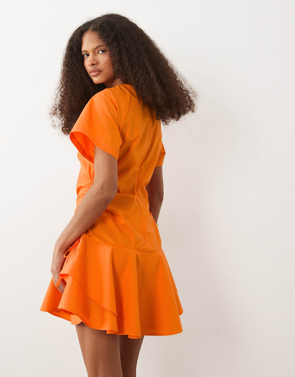 ASOS DESIGN poplin short sleeve mini dress with ruching tie waist detail in tangerine orange