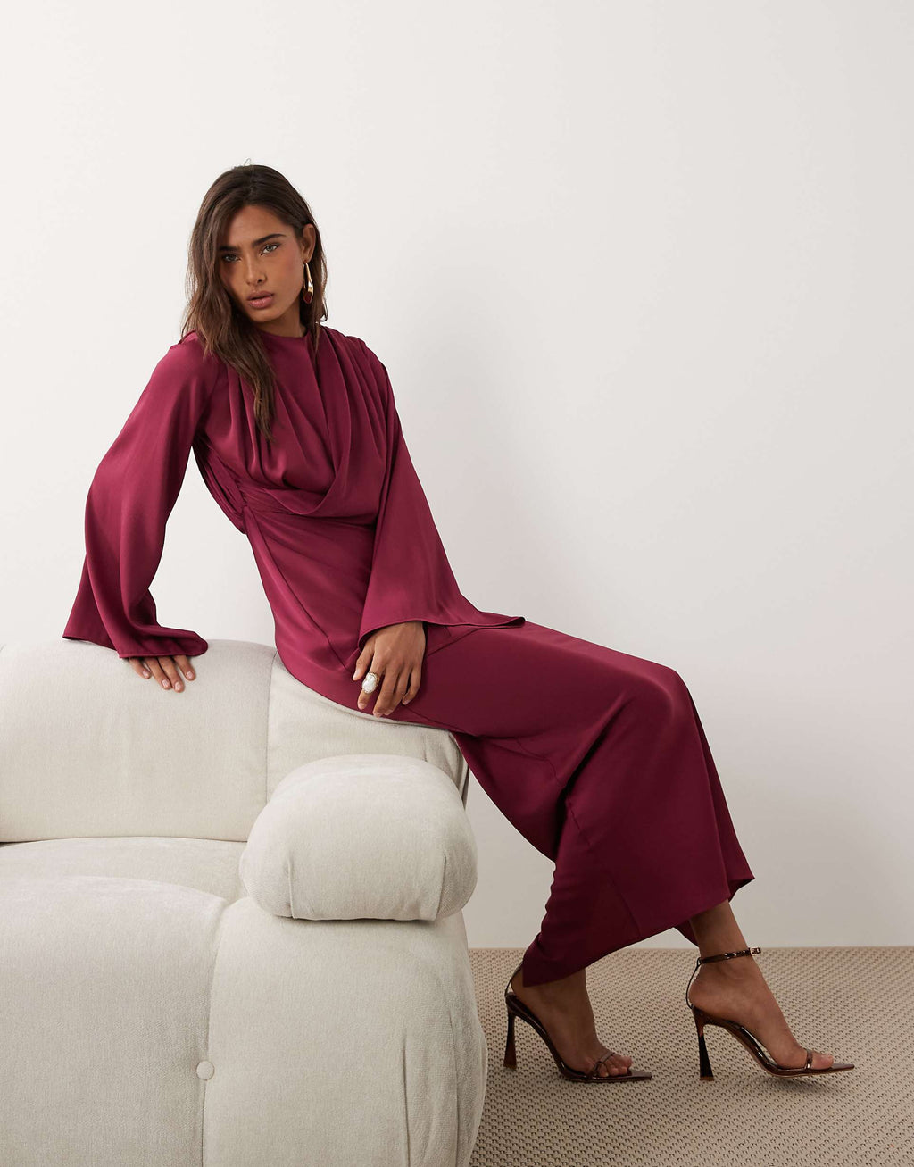 ASOS DESIGN fluted sleeve draped maxi dress in raspberry