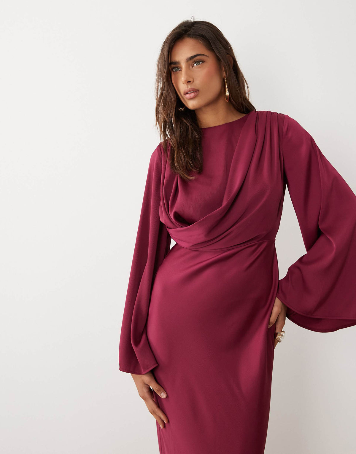 ASOS DESIGN fluted sleeve draped maxi dress in raspberry