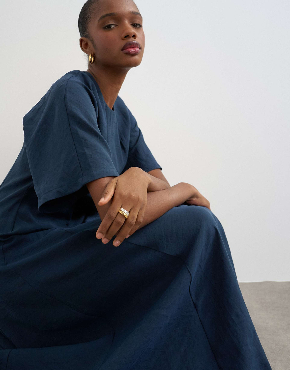 Topshop cupro dropped waist maxi t-shirt dress in navy