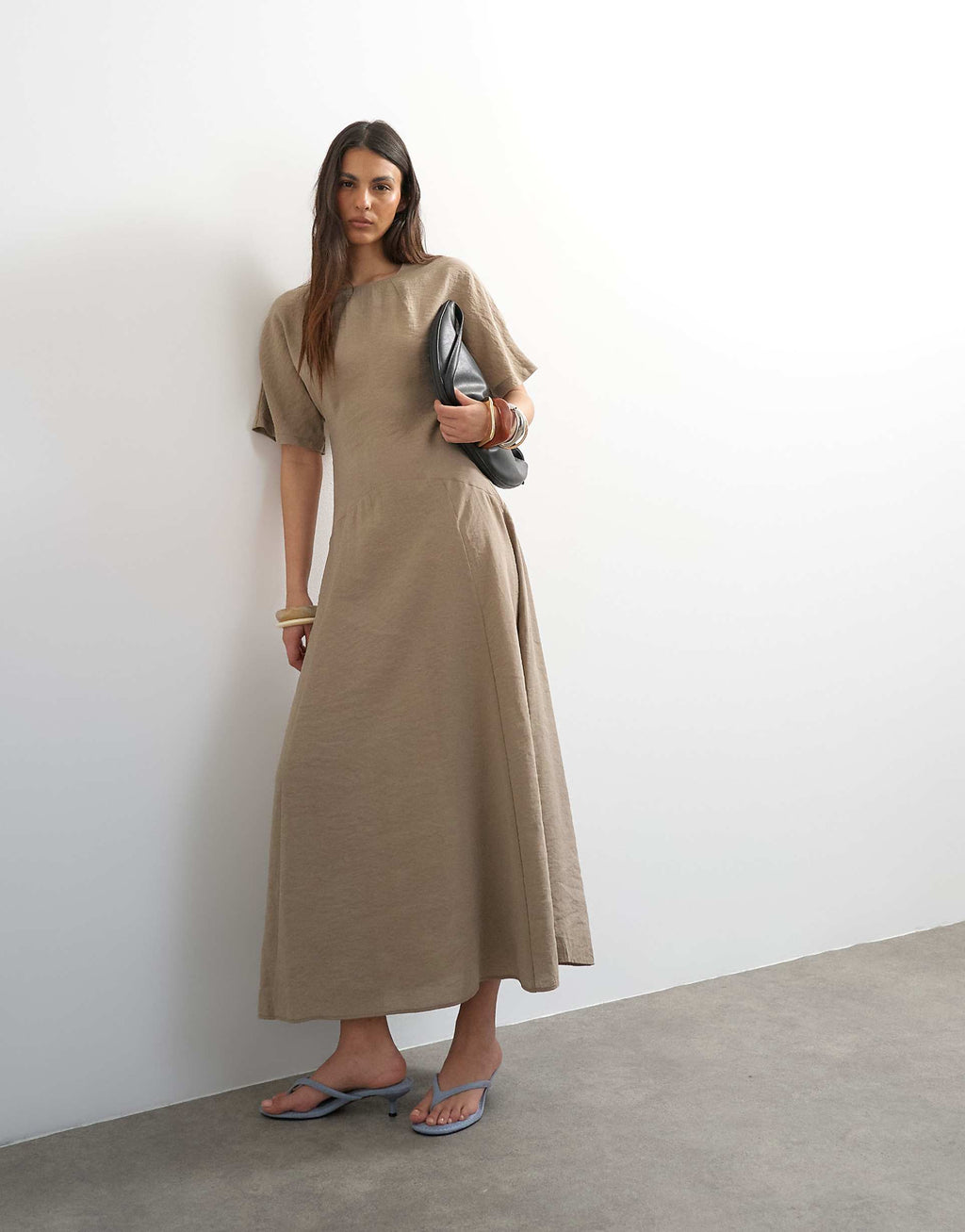 Topshop cupro dropped waist maxi T-shirt dress in taupe