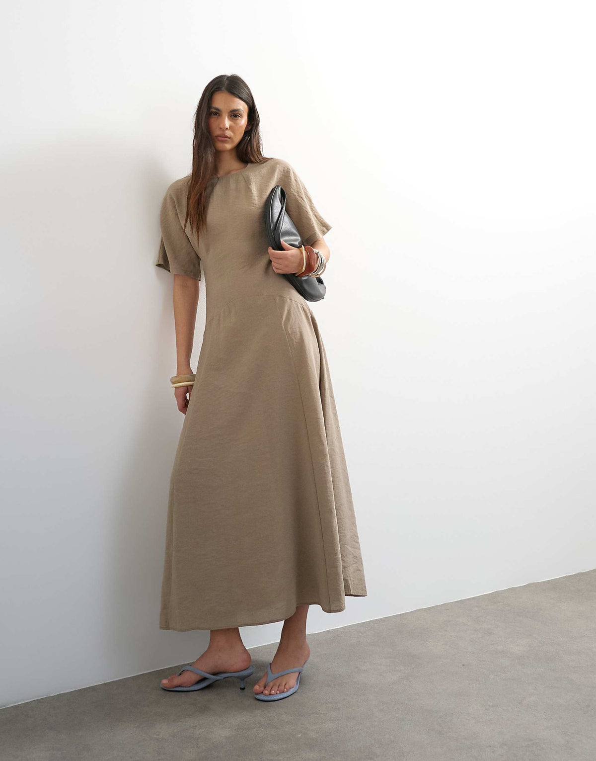 Topshop cupro dropped waist maxi T-shirt dress in taupe