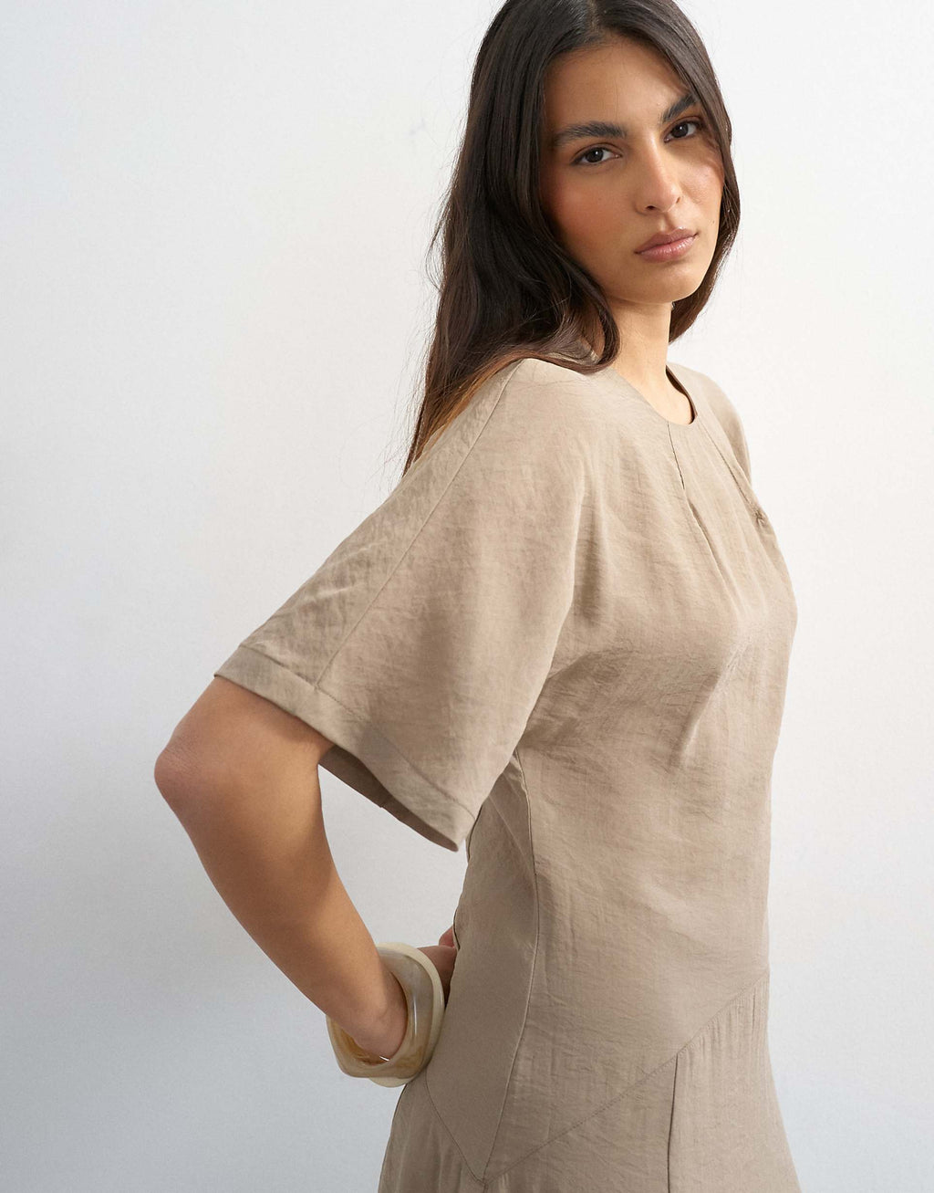 Topshop cupro dropped waist maxi T-shirt dress in taupe
