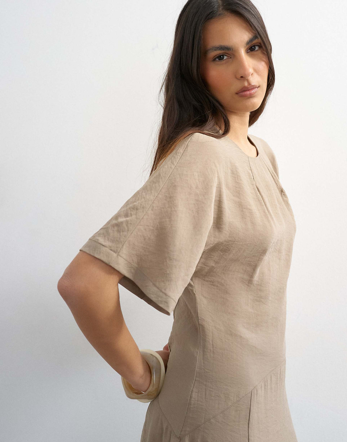 Topshop cupro dropped waist maxi T-shirt dress in taupe