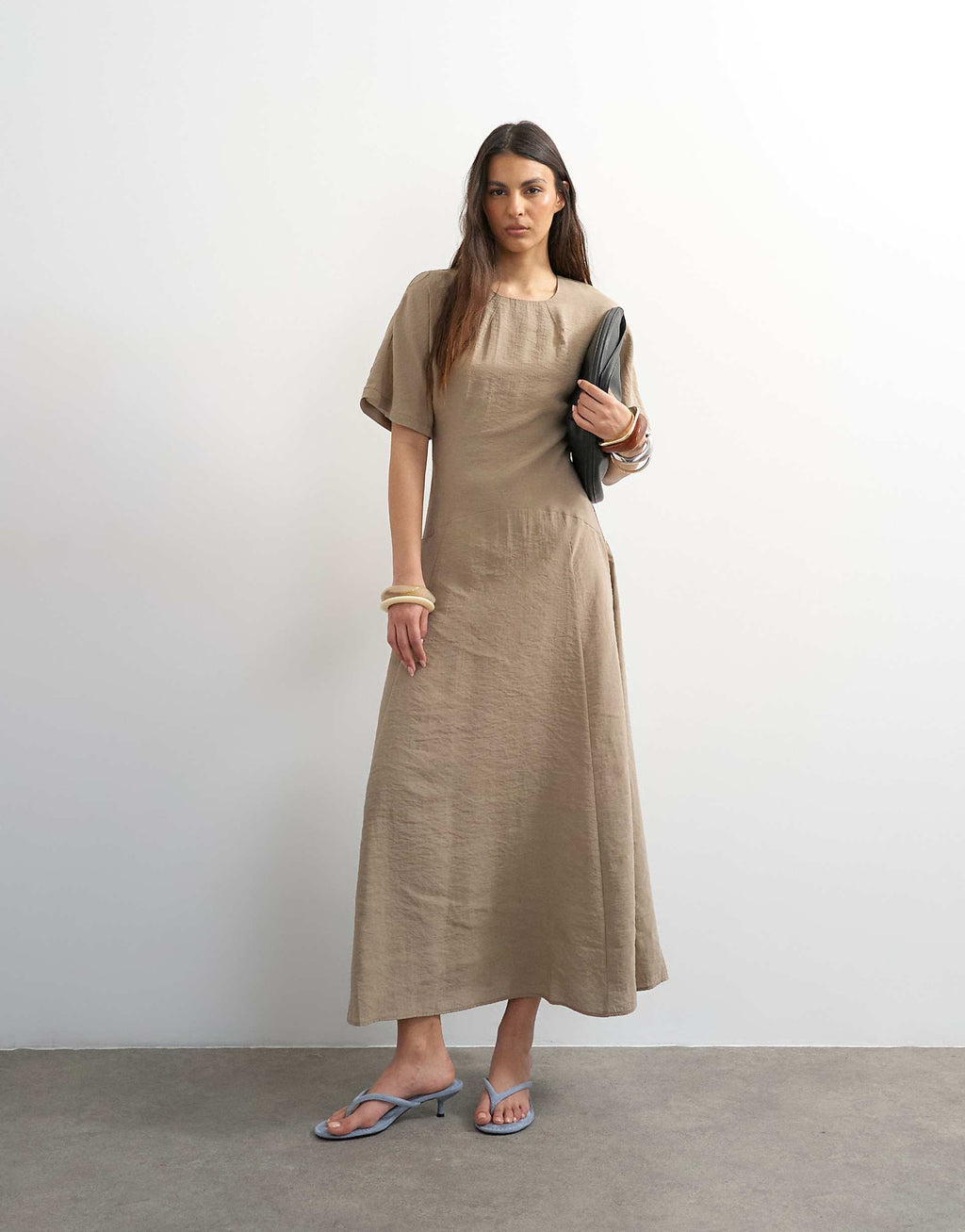Topshop cupro dropped waist maxi T-shirt dress in taupe