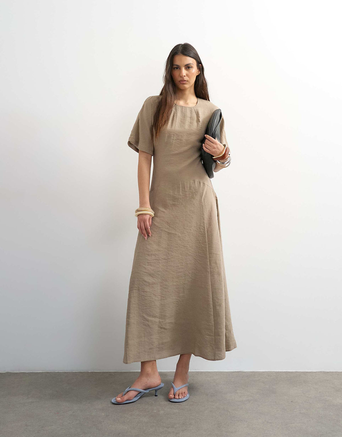 Topshop cupro dropped waist maxi T-shirt dress in taupe