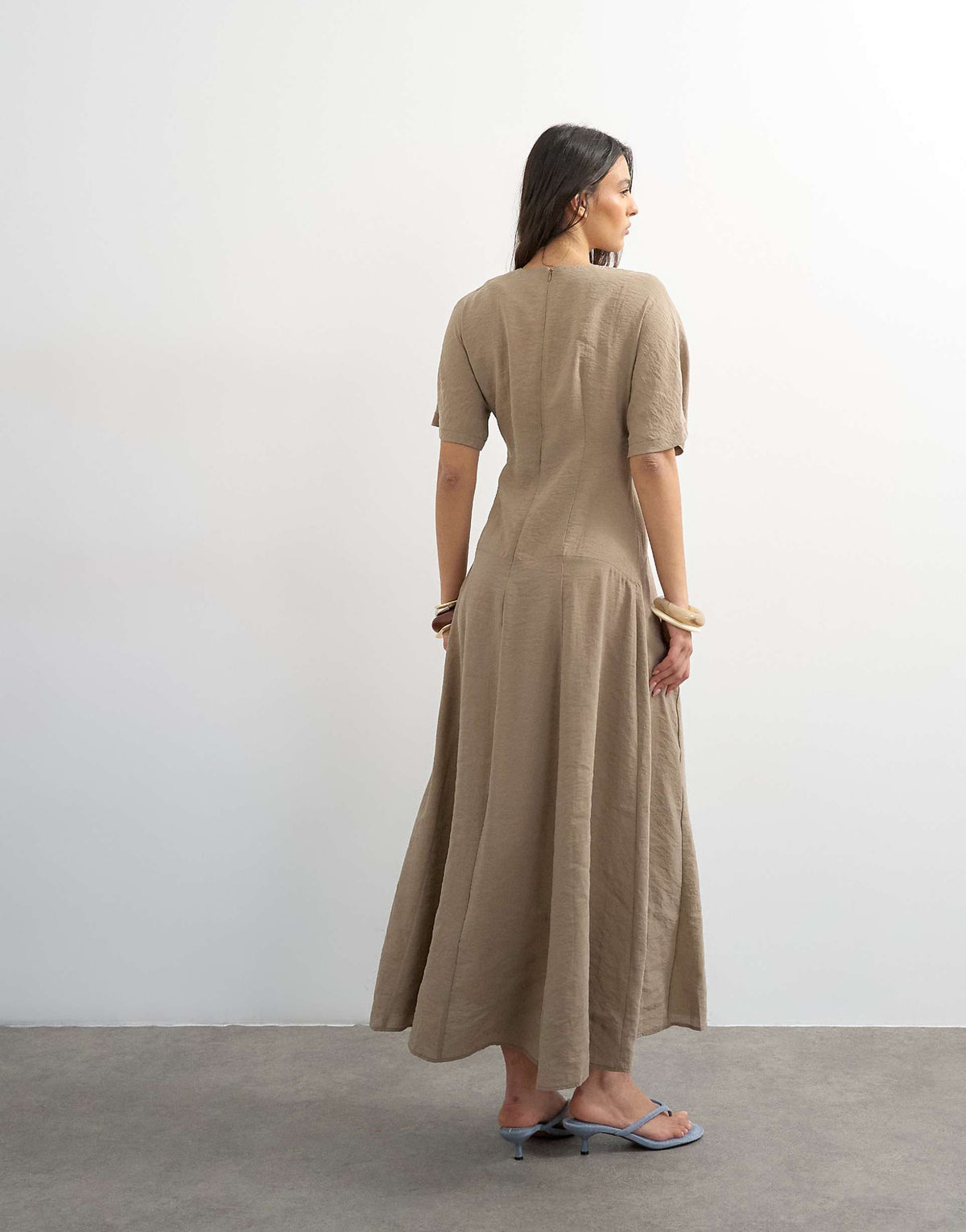 Topshop cupro dropped waist maxi T-shirt dress in taupe