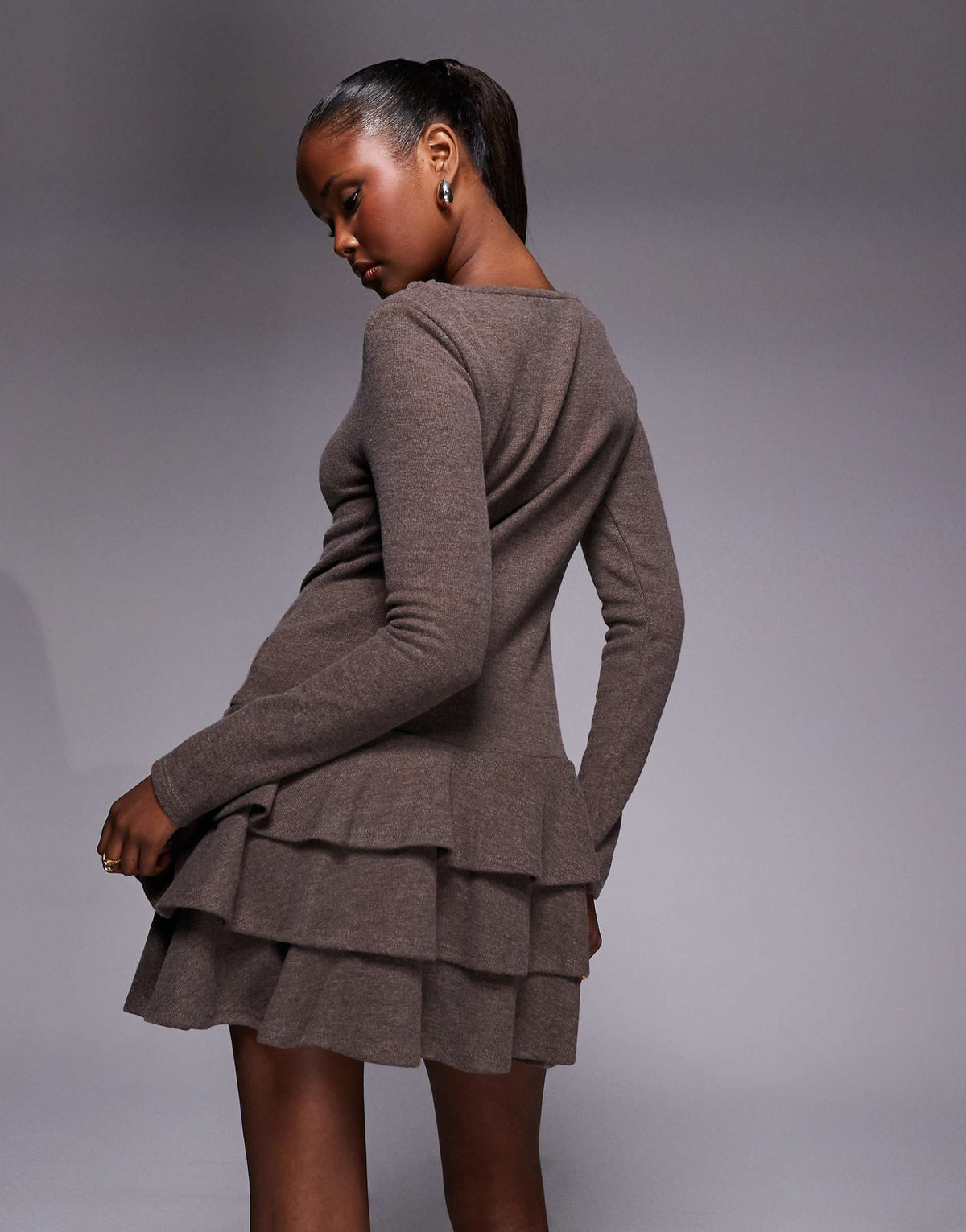 ASOS DESIGN supersoft long sleeve tiered rara skirt mini dress in coffee
