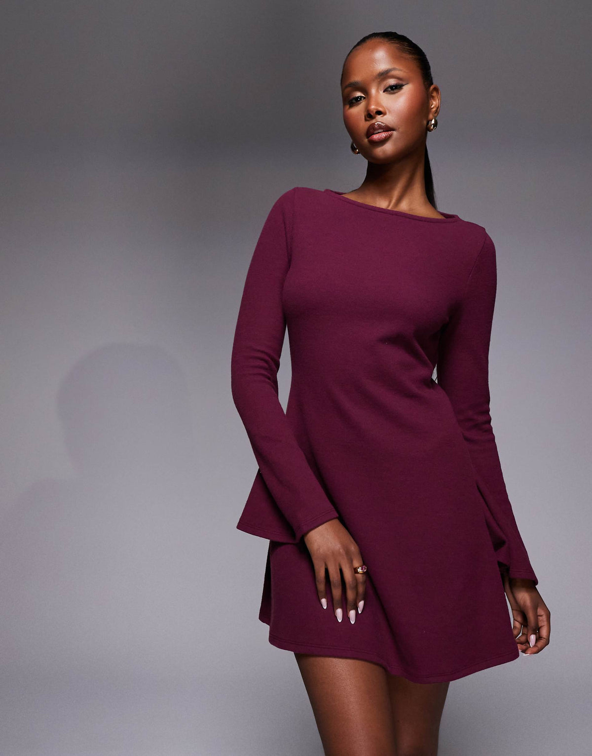 ASOS DESIGN super soft flute sleeve mini dress in fig