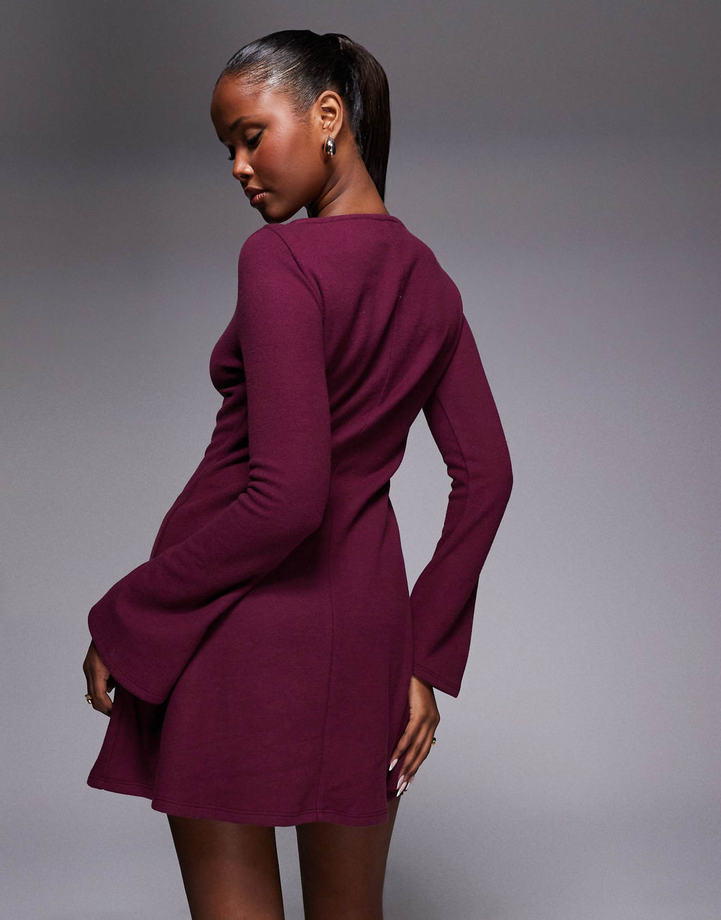 ASOS DESIGN super soft flute sleeve mini dress in fig