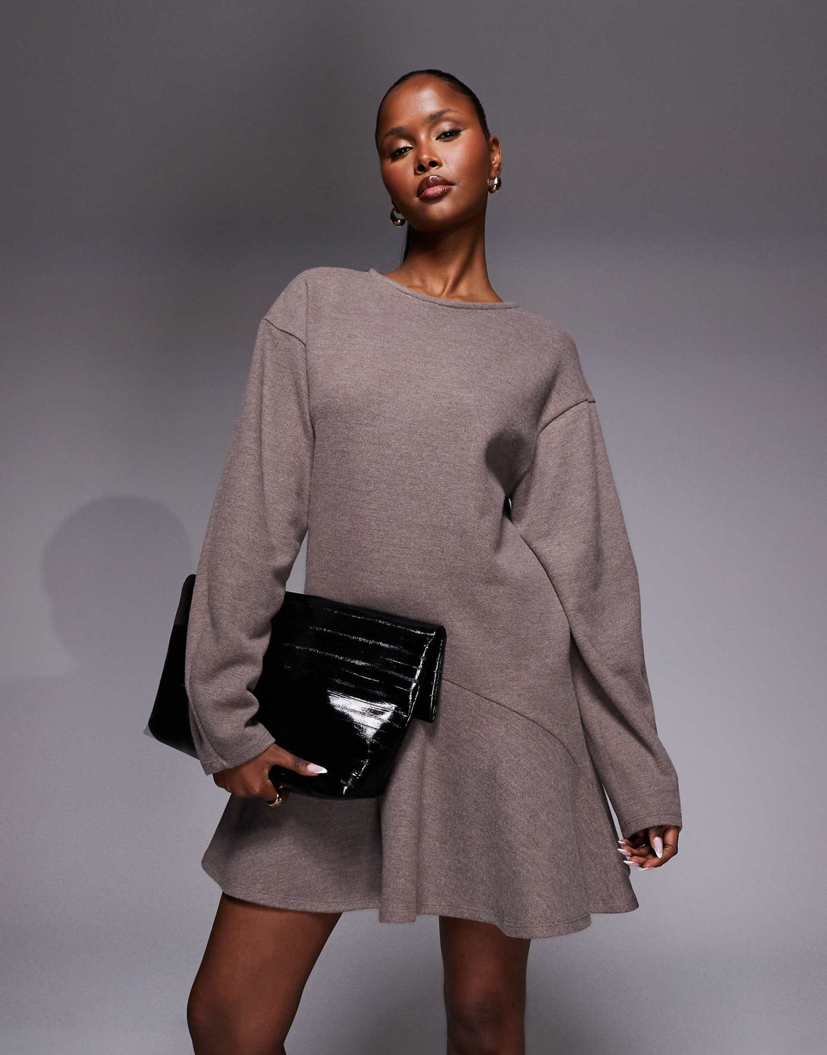 ASOS DESIGN supersoft cocoon long sleeve peplum mini dress in brown