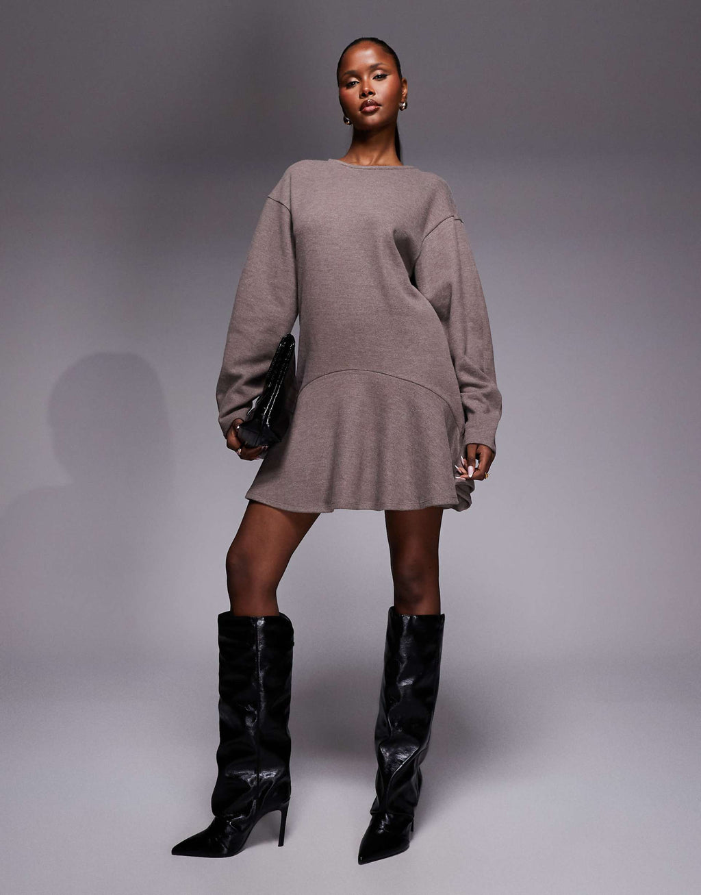 ASOS DESIGN supersoft cocoon long sleeve peplum mini dress in brown