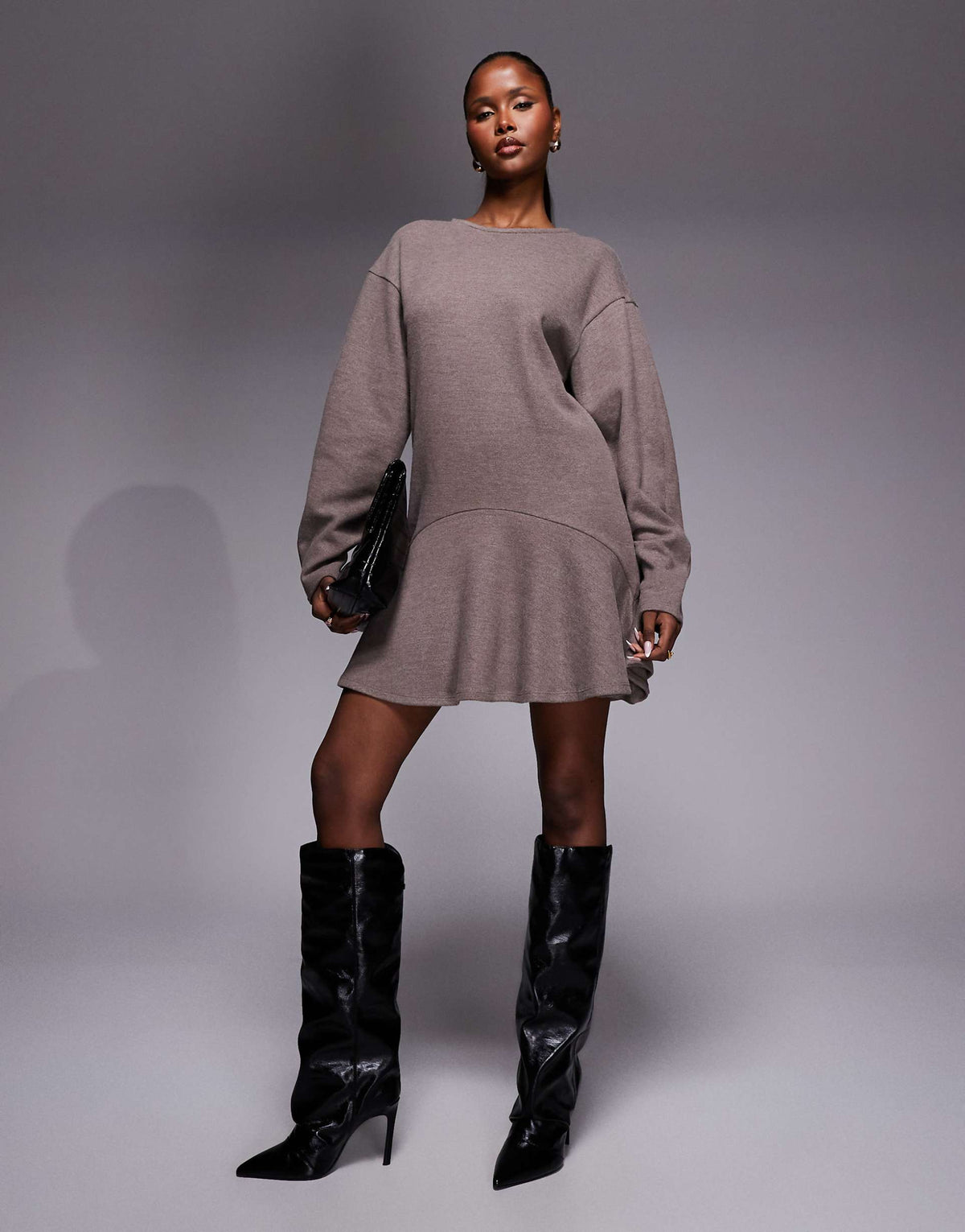 ASOS DESIGN supersoft cocoon long sleeve peplum mini dress in brown