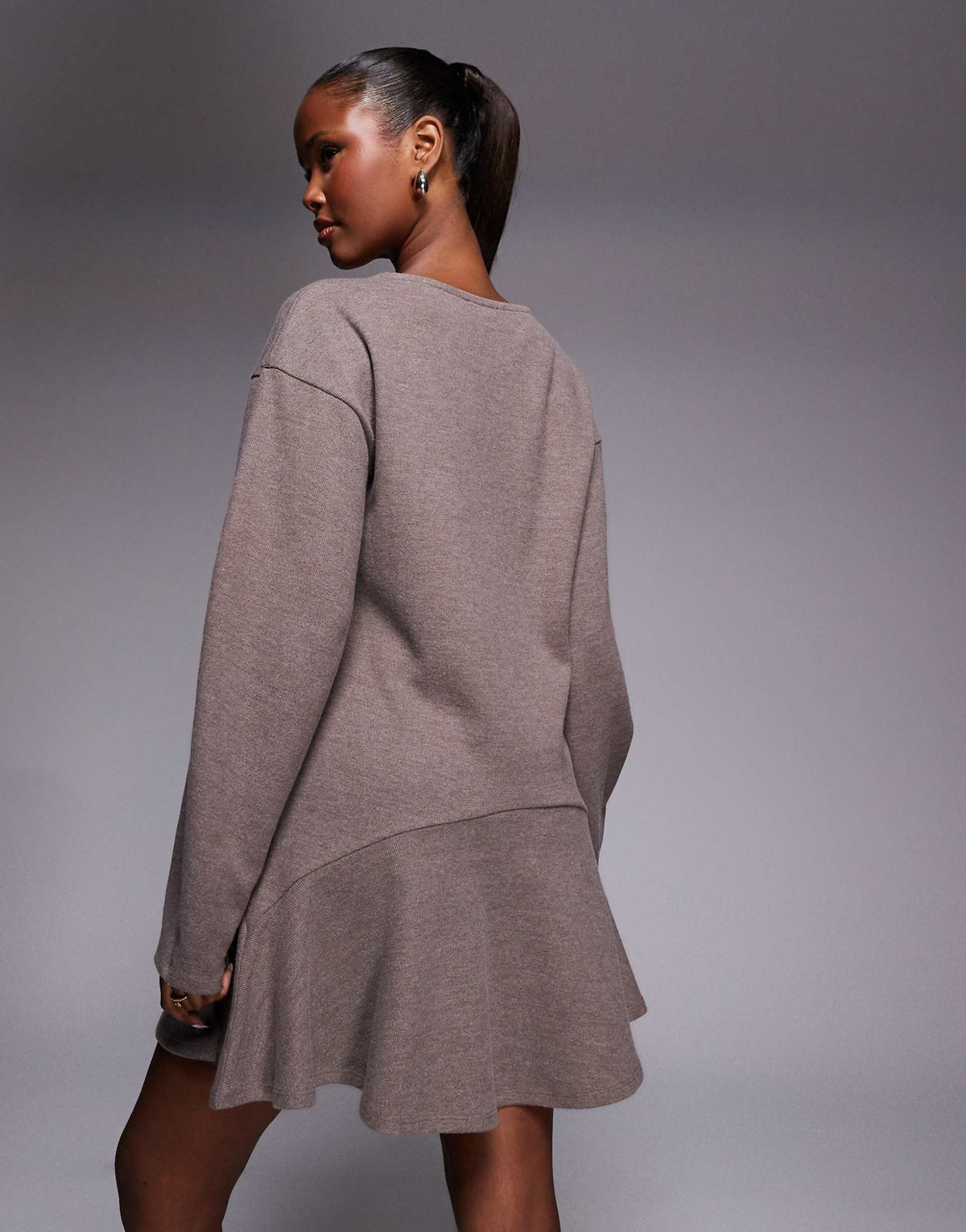 ASOS DESIGN supersoft cocoon long sleeve peplum mini dress in brown