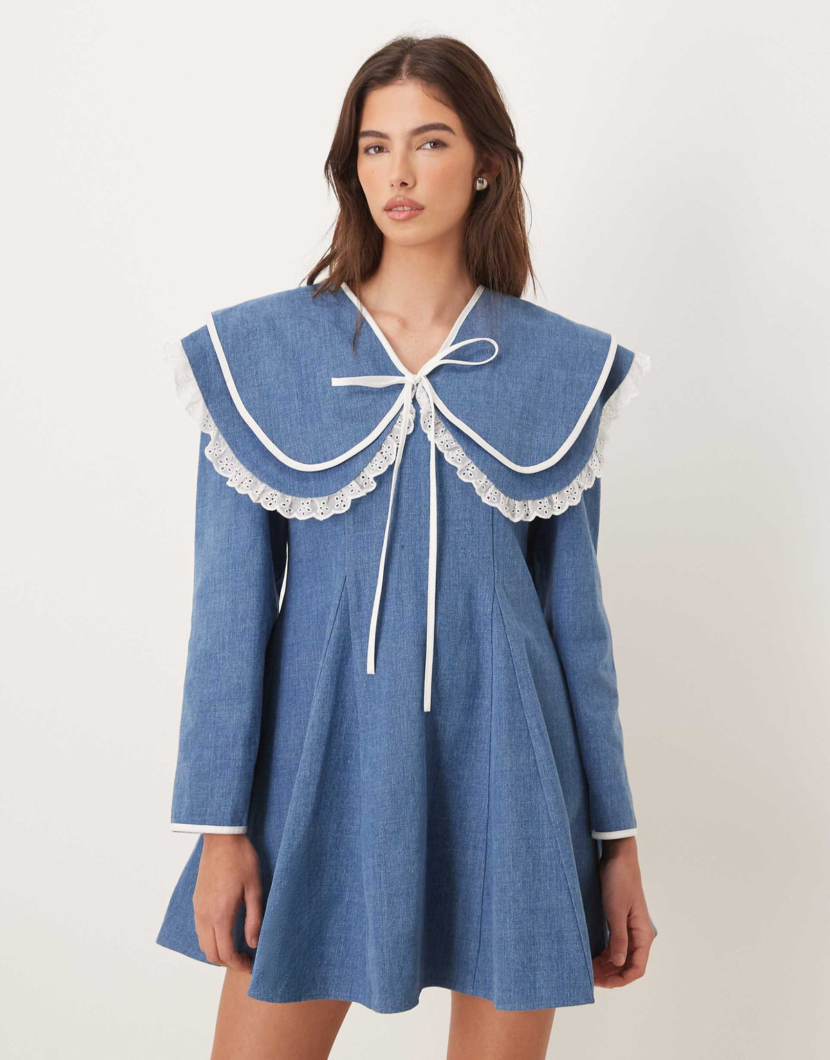 Sister Jane pure cotton oversized collar mini dress with bow in blue denim