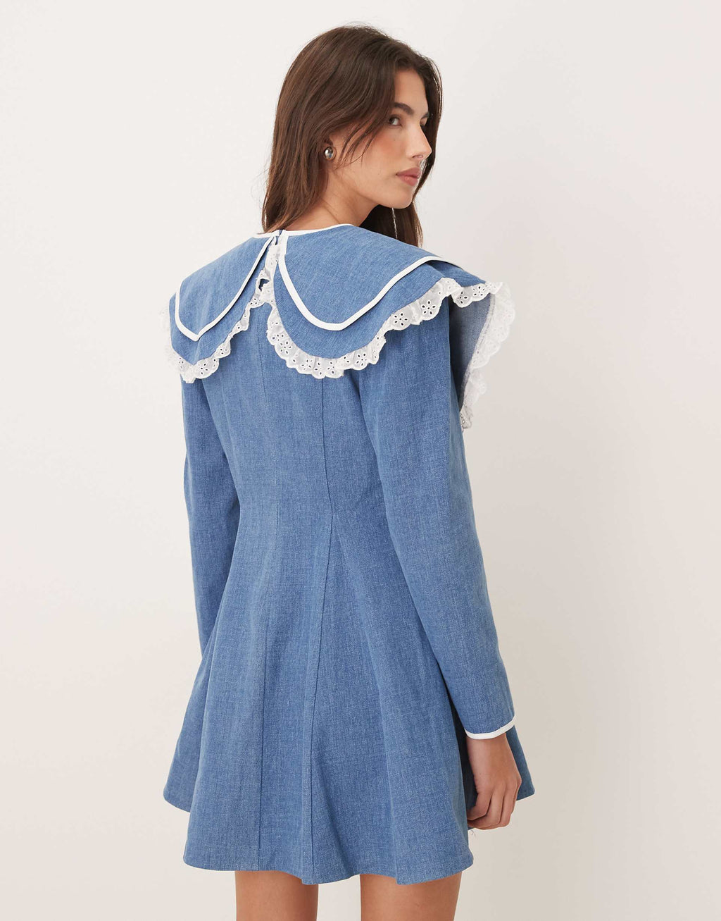 Sister Jane pure cotton oversized collar mini dress with bow in blue denim