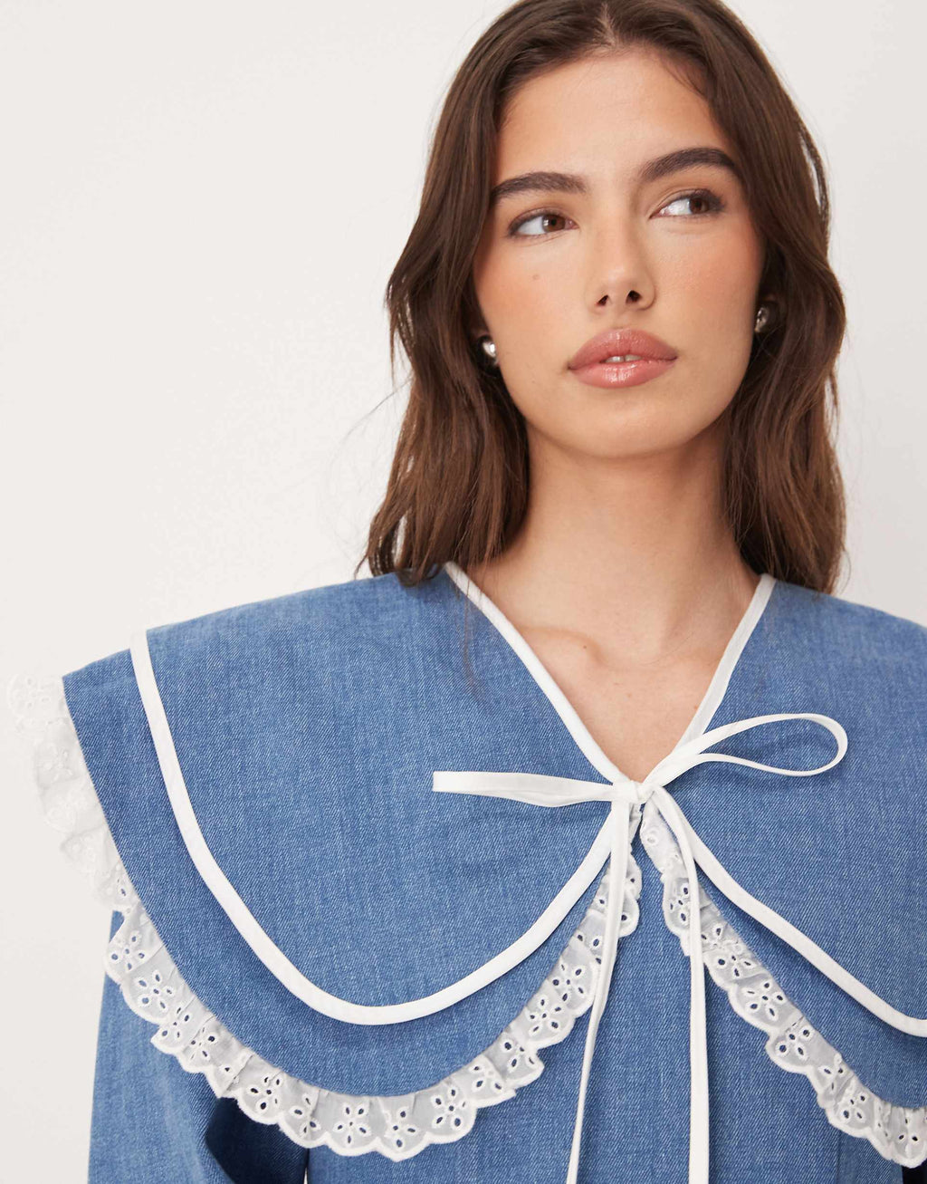 Sister Jane pure cotton oversized collar mini dress with bow in blue denim