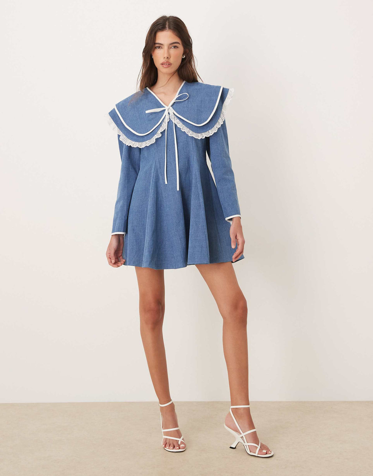 Sister Jane pure cotton oversized collar mini dress with bow in blue denim