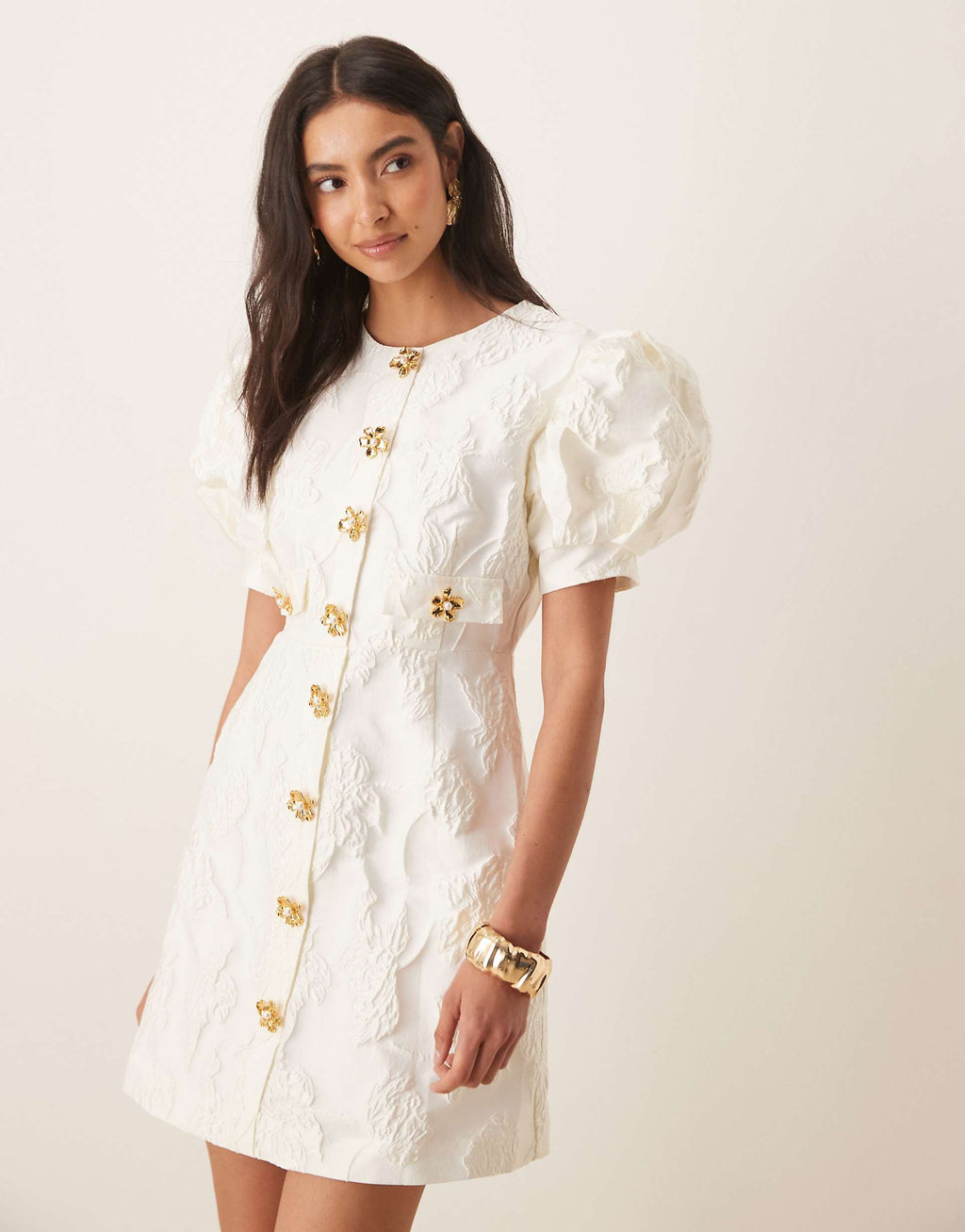 Sister Jane Anemone jacquard puff sleeve gold-tone flower button up mini dress in ivory