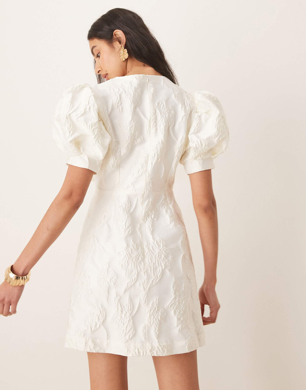 Sister Jane Anemone jacquard puff sleeve gold-tone flower button up mini dress in ivory