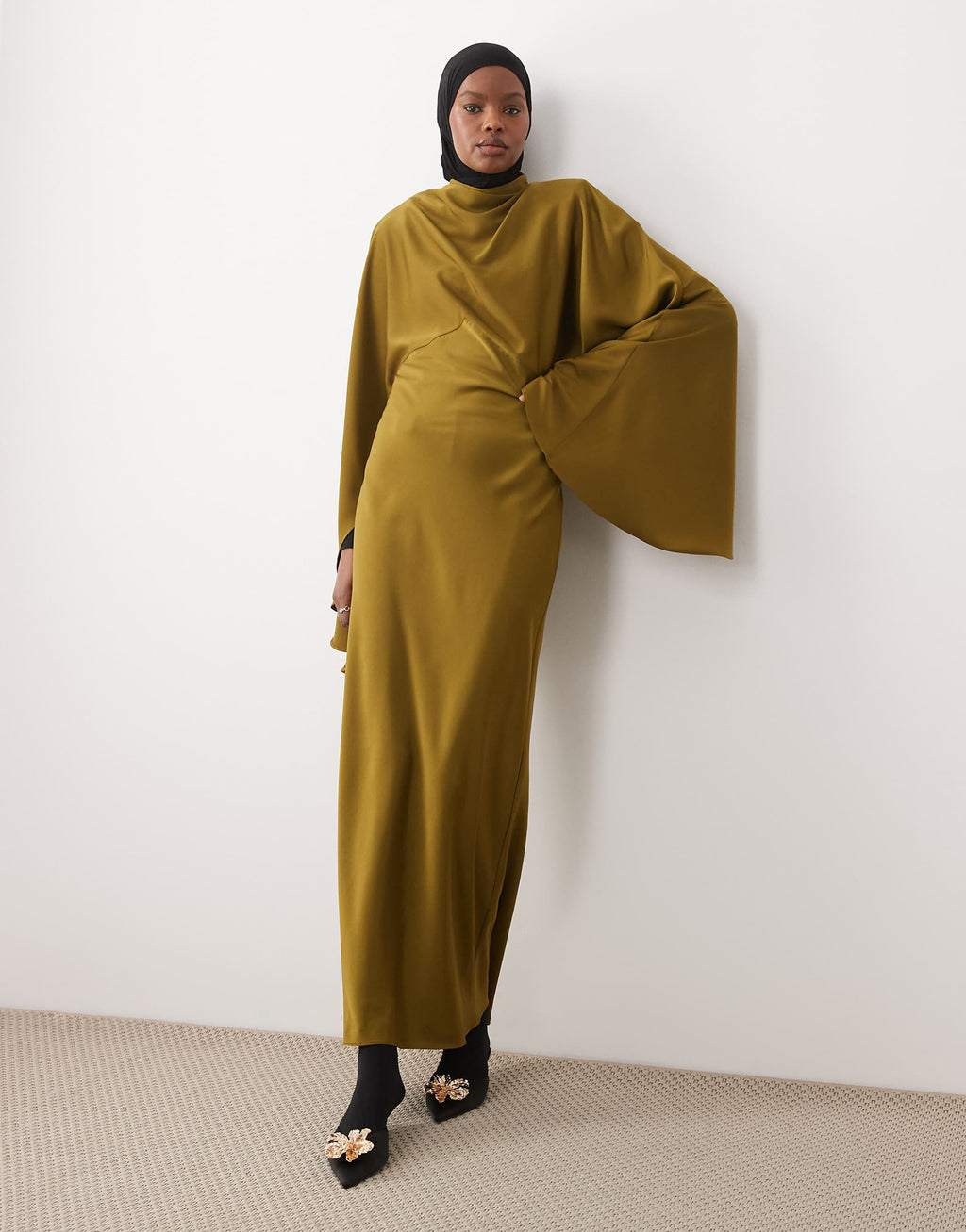 ASOS DESIGN funnel neck satin maxi dress with exaggerated sleeves in olive green