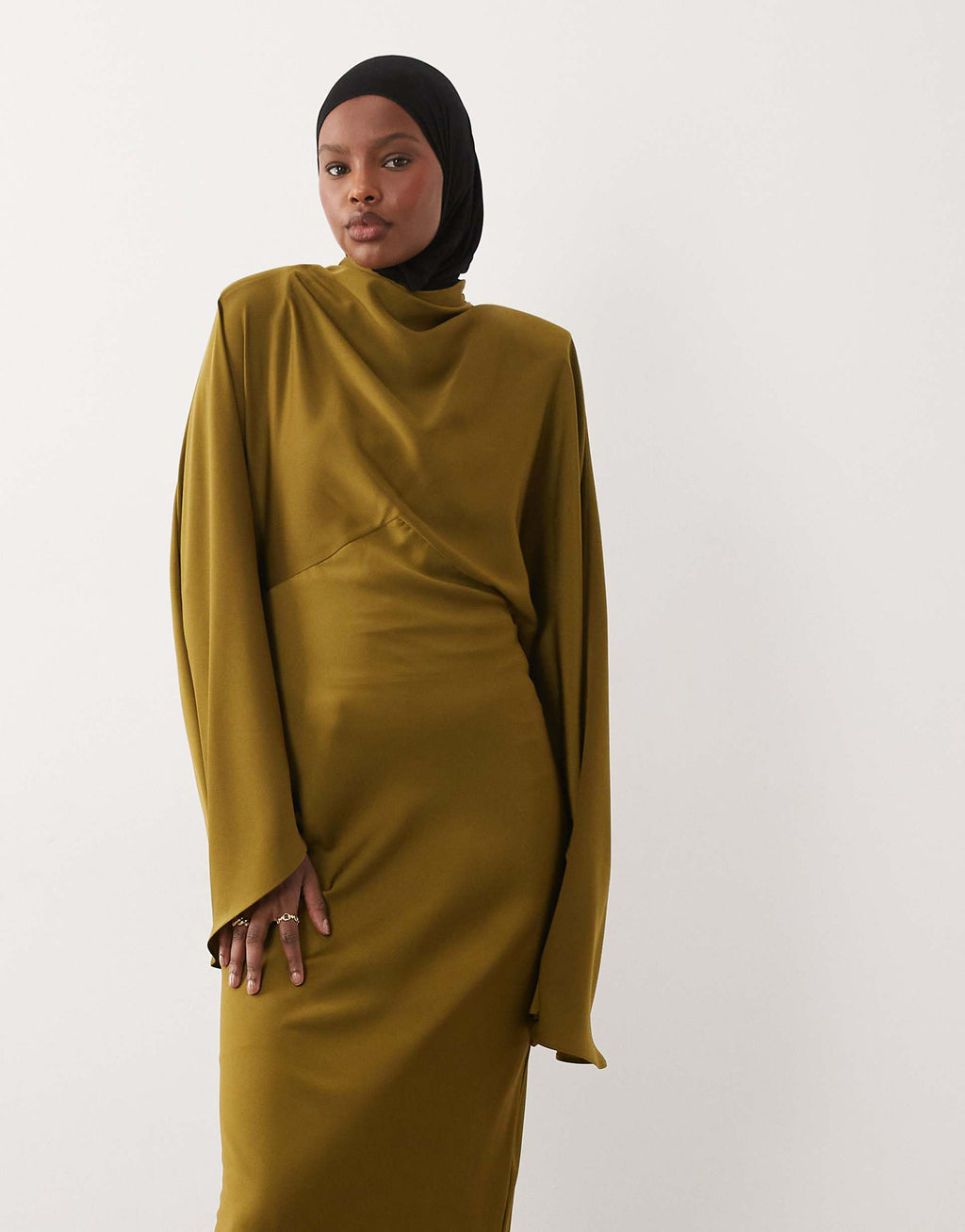 ASOS DESIGN funnel neck satin maxi dress with exaggerated sleeves in olive green
