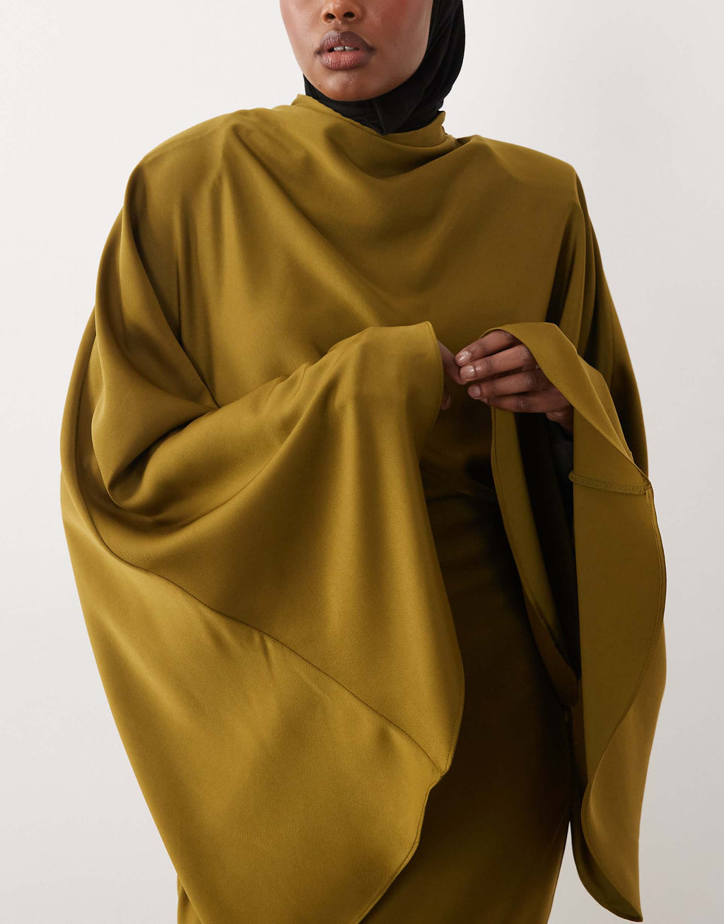 ASOS DESIGN funnel neck satin maxi dress with exaggerated sleeves in olive green