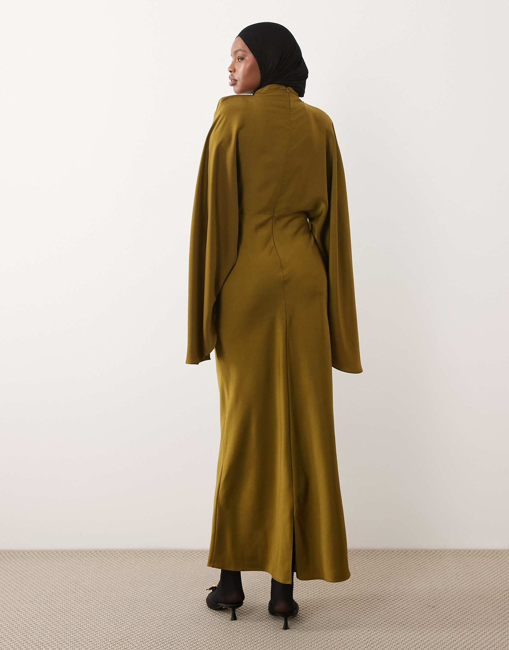 ASOS DESIGN funnel neck satin maxi dress with exaggerated sleeves in olive green