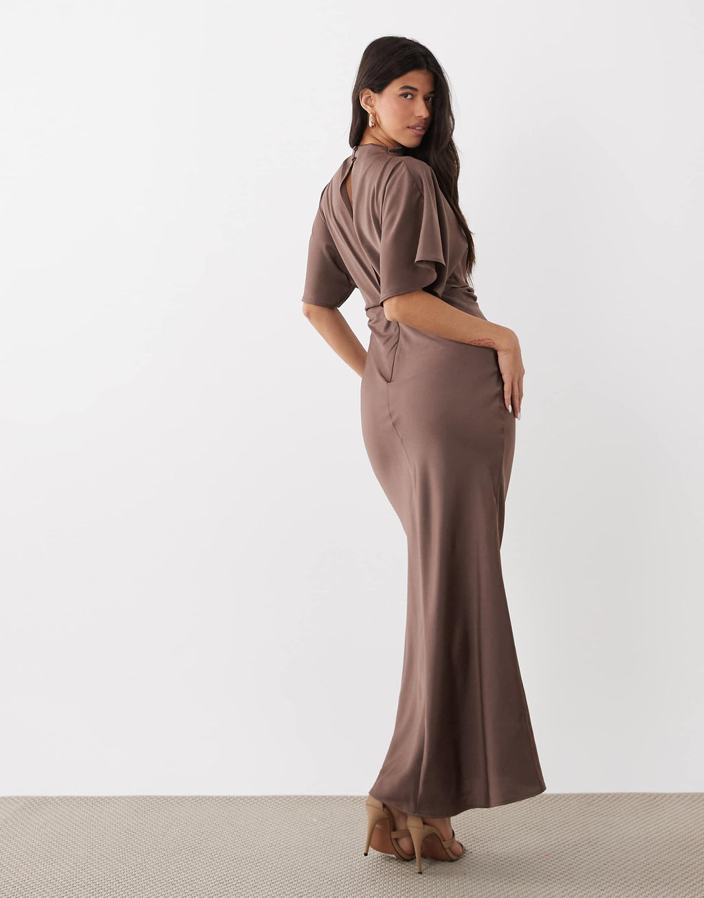 ASOS DESIGN satin high neck blouson maxi dress with flutter sleeve in light brown