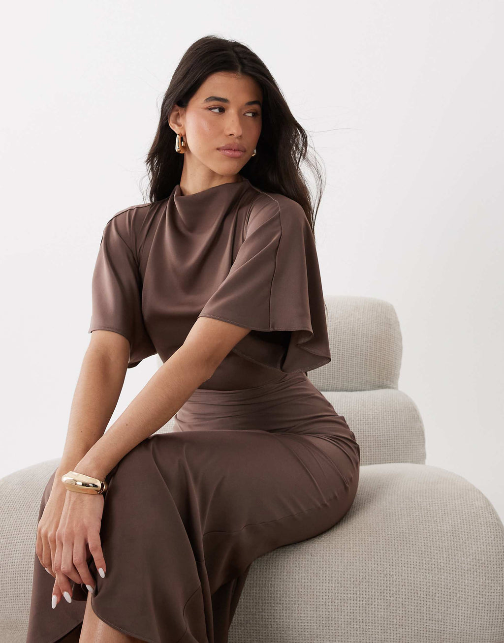 ASOS DESIGN satin high neck blouson maxi dress with flutter sleeve in light brown