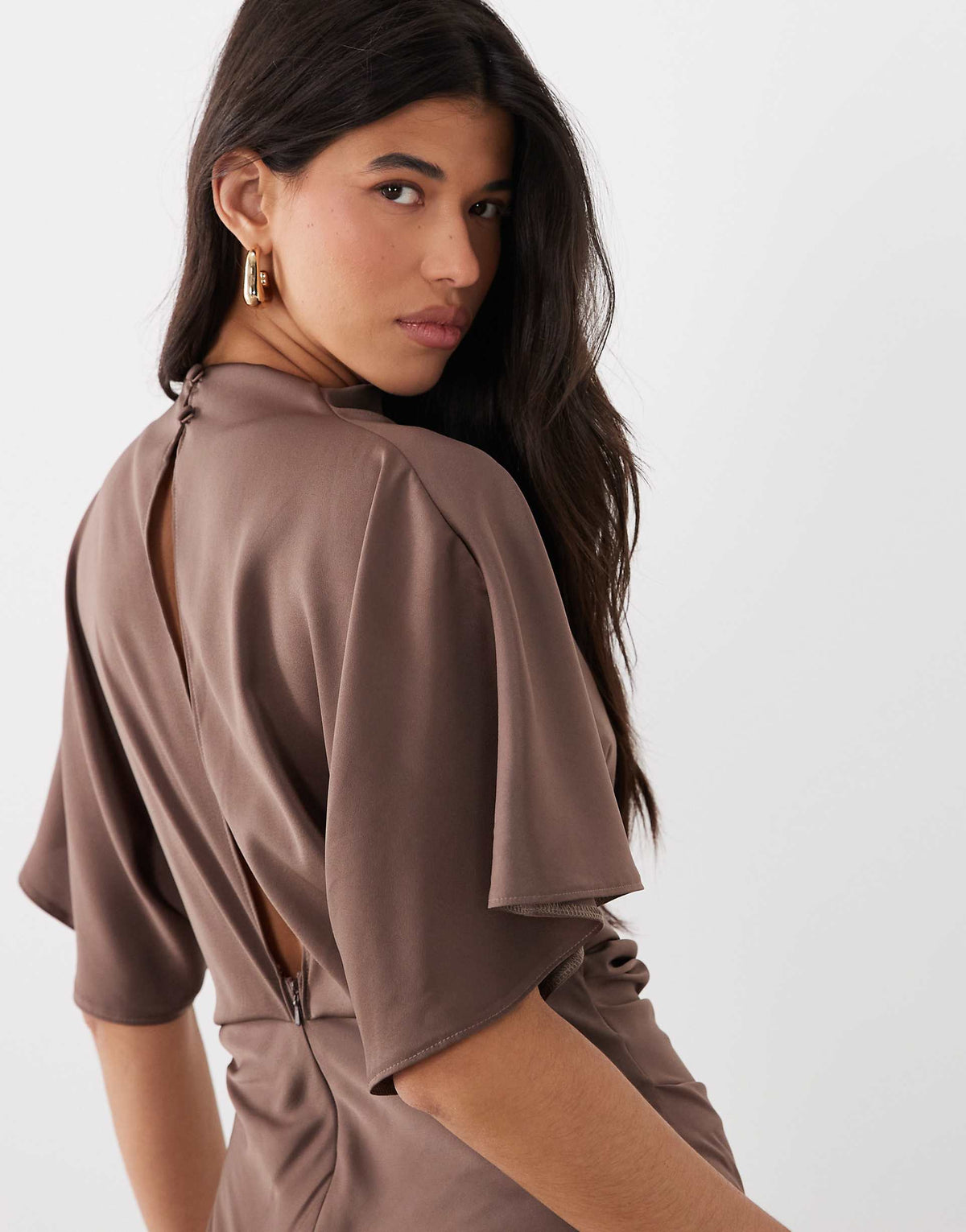 ASOS DESIGN satin high neck blouson maxi dress with flutter sleeve in light brown
