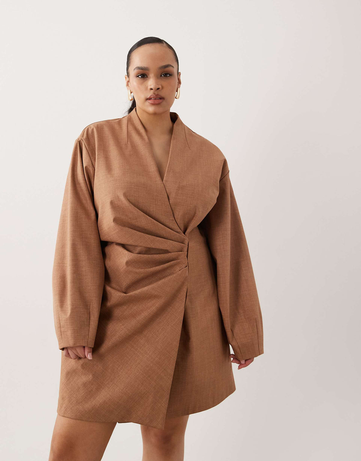 ASOS DESIGN Curve pleat waist detail structured mini blazer dress in beige