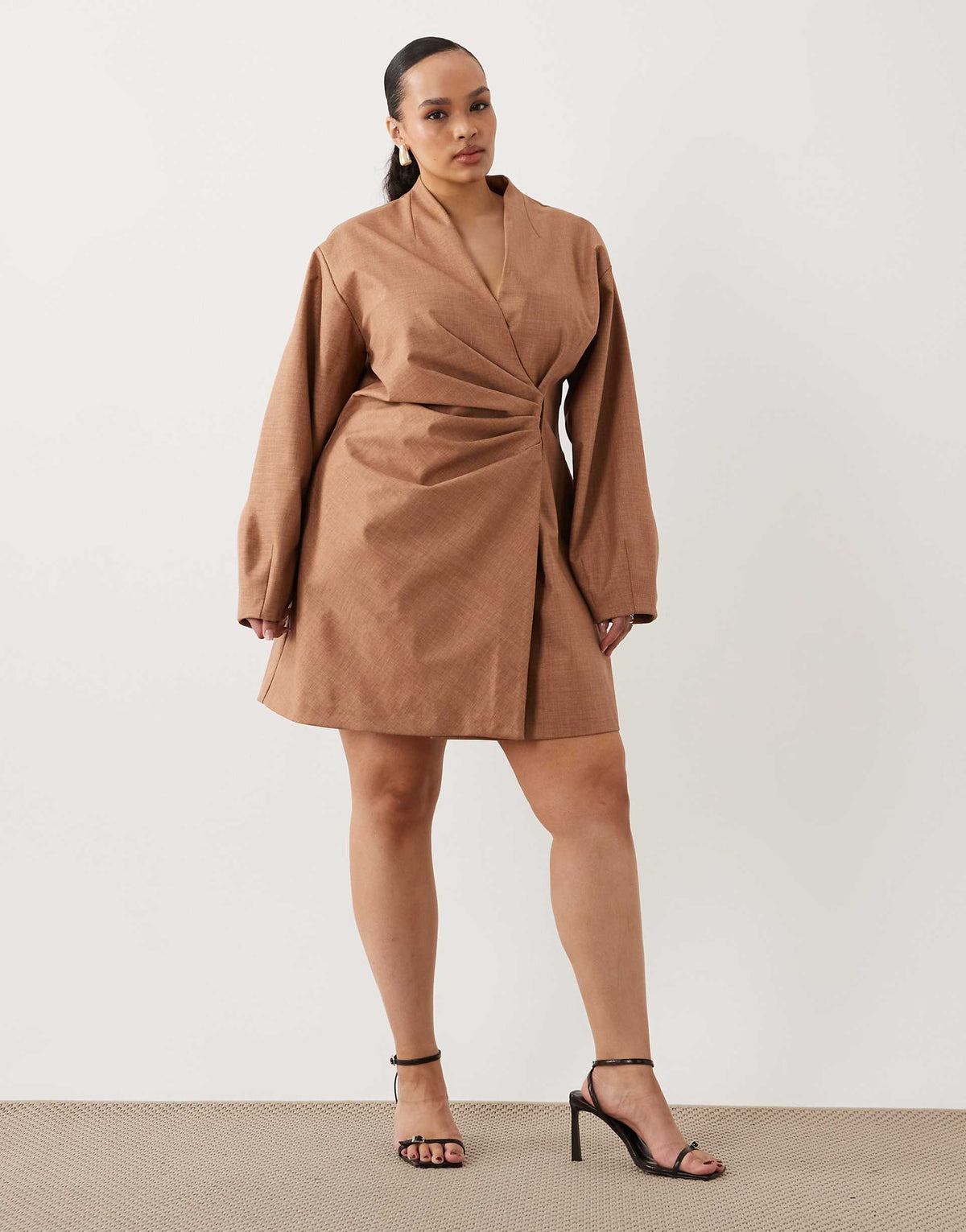 ASOS DESIGN Curve pleat waist detail structured mini blazer dress in beige
