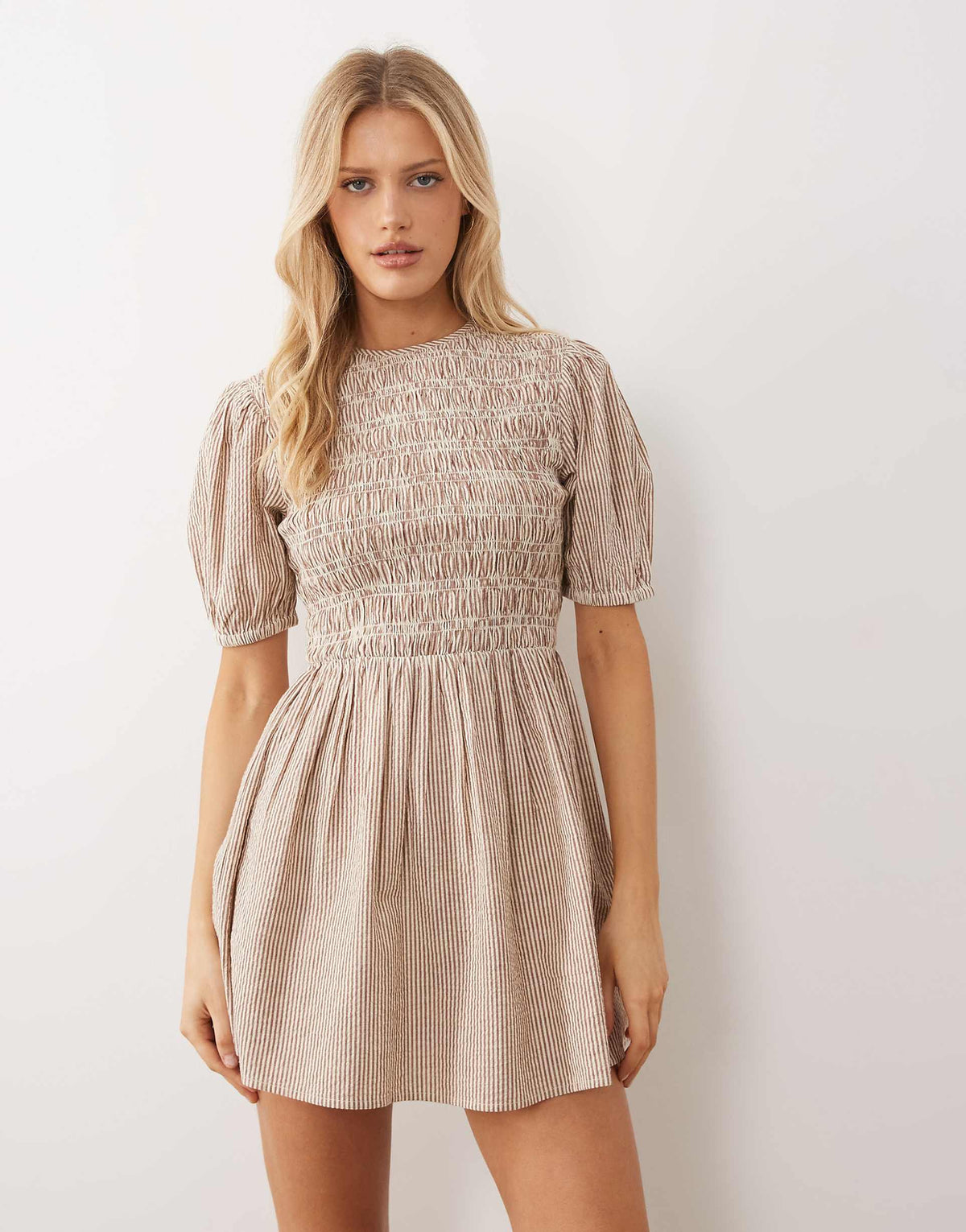 Wednesday's Girl shirred short sleeve mini dress in brown pinstripe