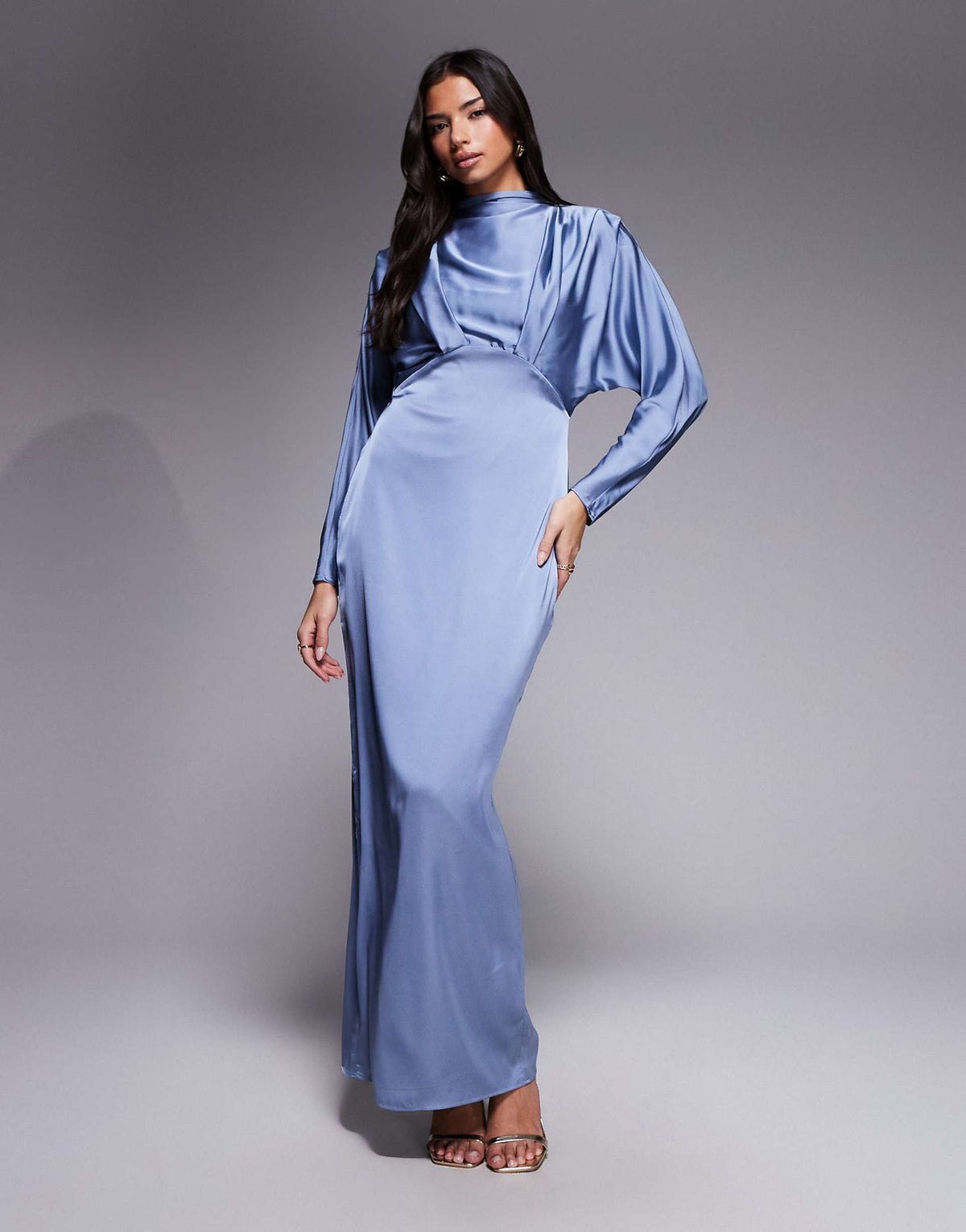 TFNC satin high neck tuck detail maxi dress in dusty blue