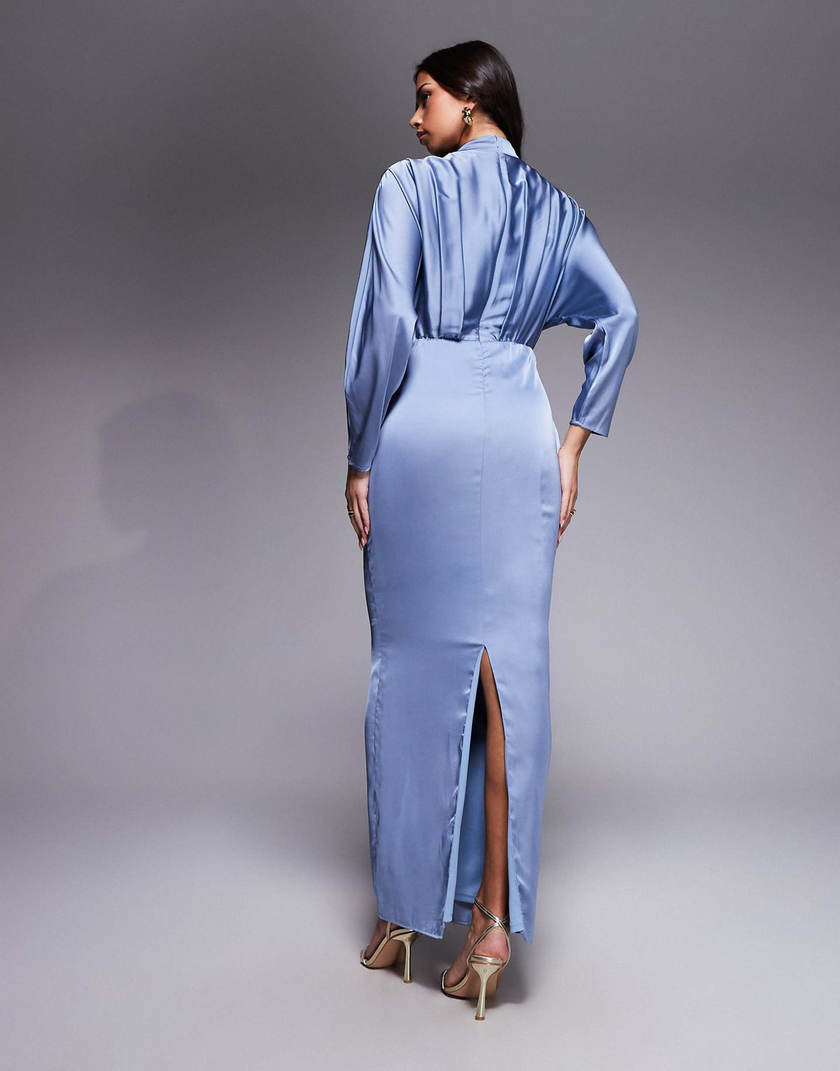 TFNC satin high neck tuck detail maxi dress in dusty blue