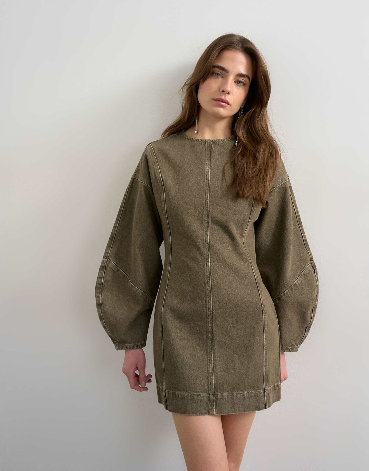 Topshop denim ovoid sleeves mini dress in khaki green