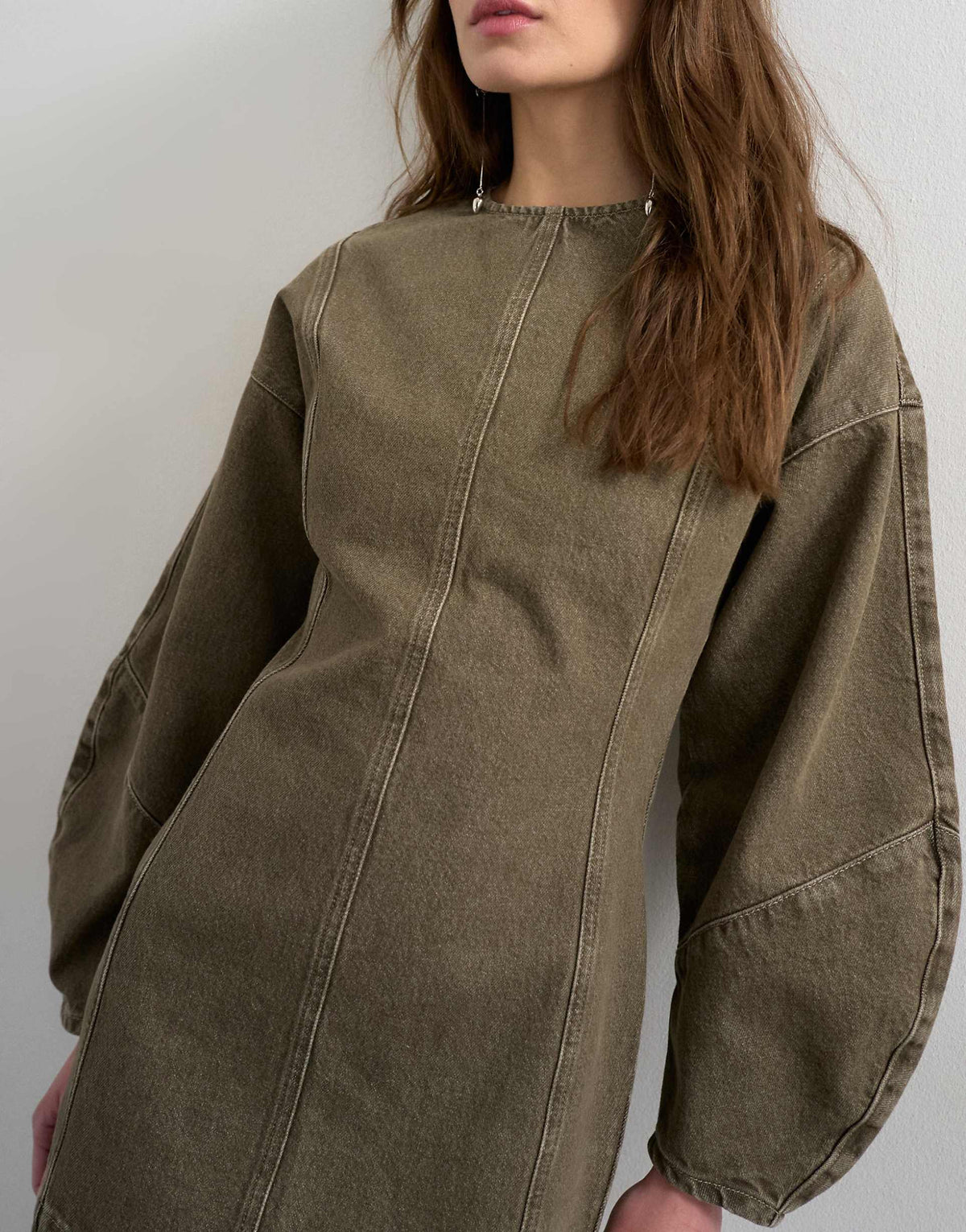 Topshop denim ovoid sleeves mini dress in khaki green