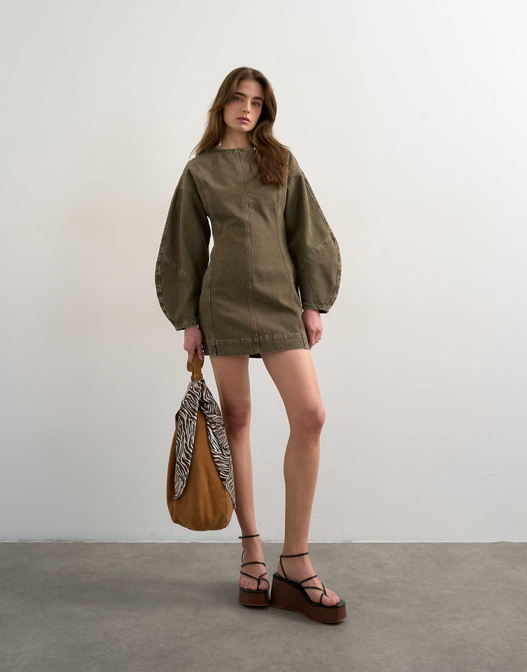 Topshop denim ovoid sleeves mini dress in khaki green