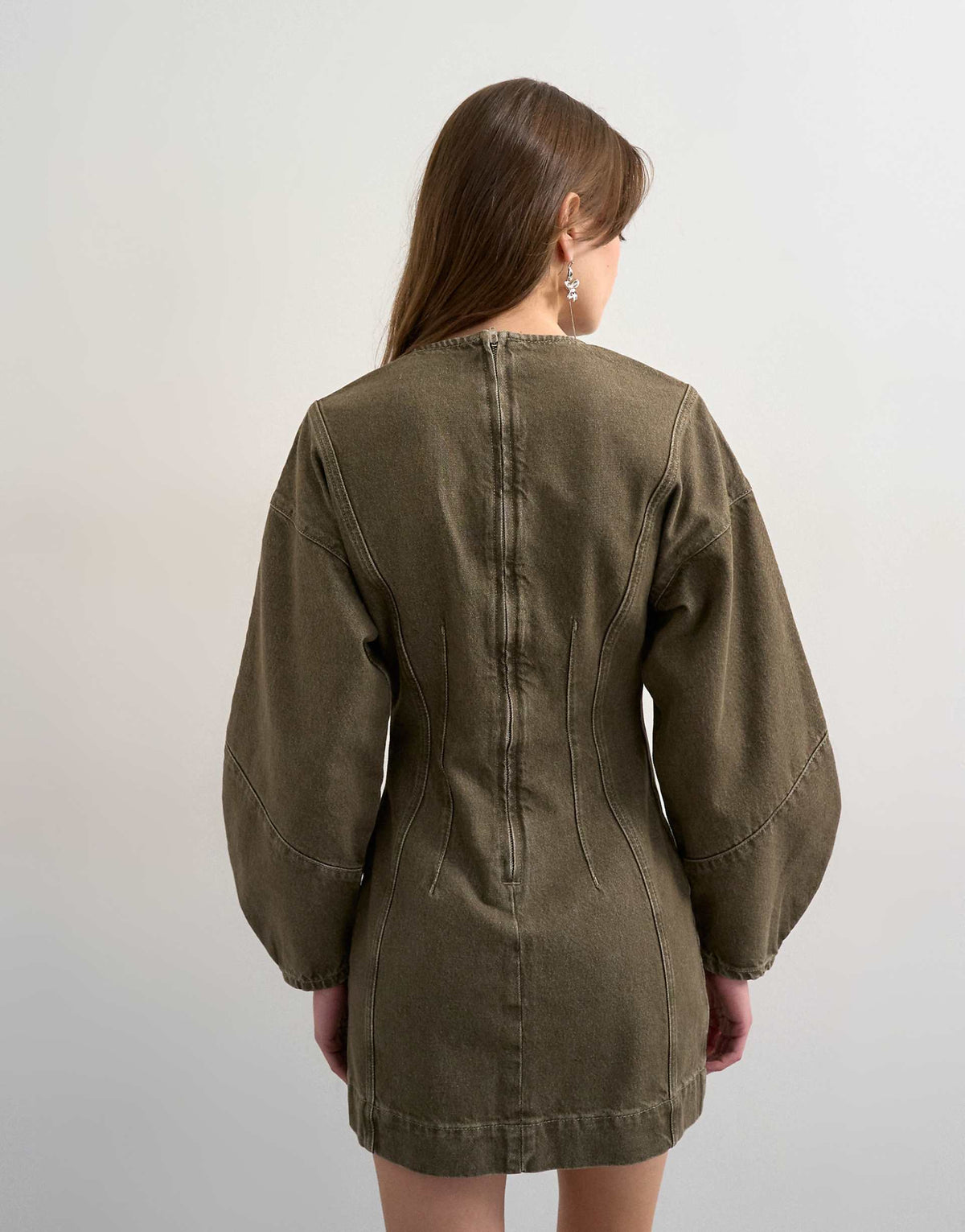 Topshop denim ovoid sleeves mini dress in khaki green