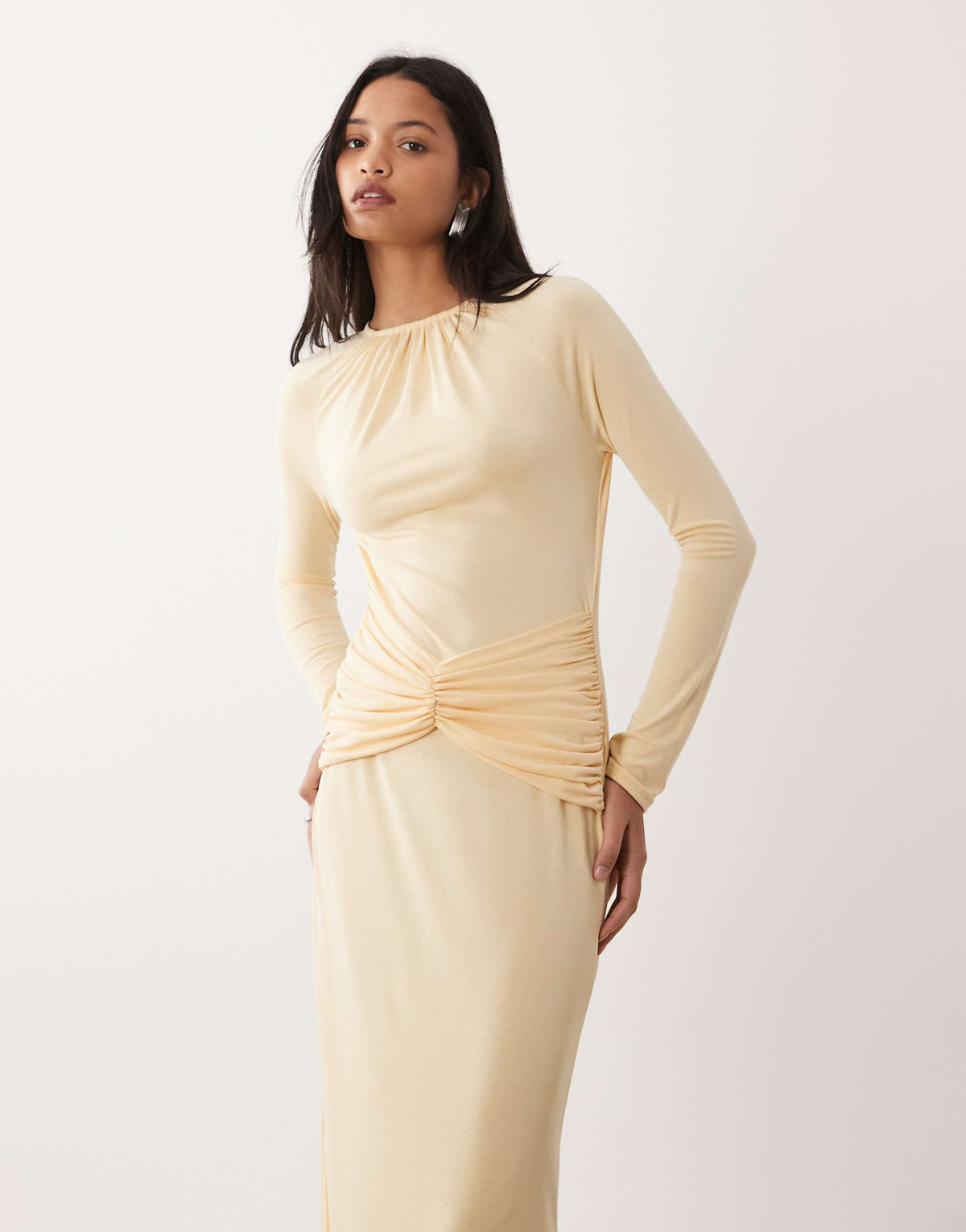 ASOS DESIGN modal long sleeve maxi dress with ruching details in buttermilk