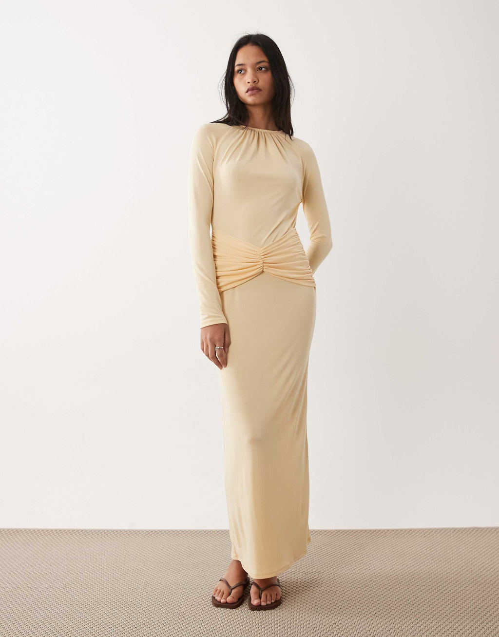 ASOS DESIGN modal long sleeve maxi dress with ruching details in buttermilk