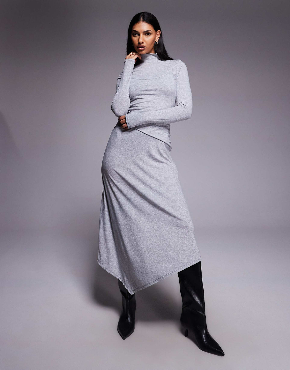 ASOS DESIGN long sleeve double layer handkerchief hem midi dress in heather gray