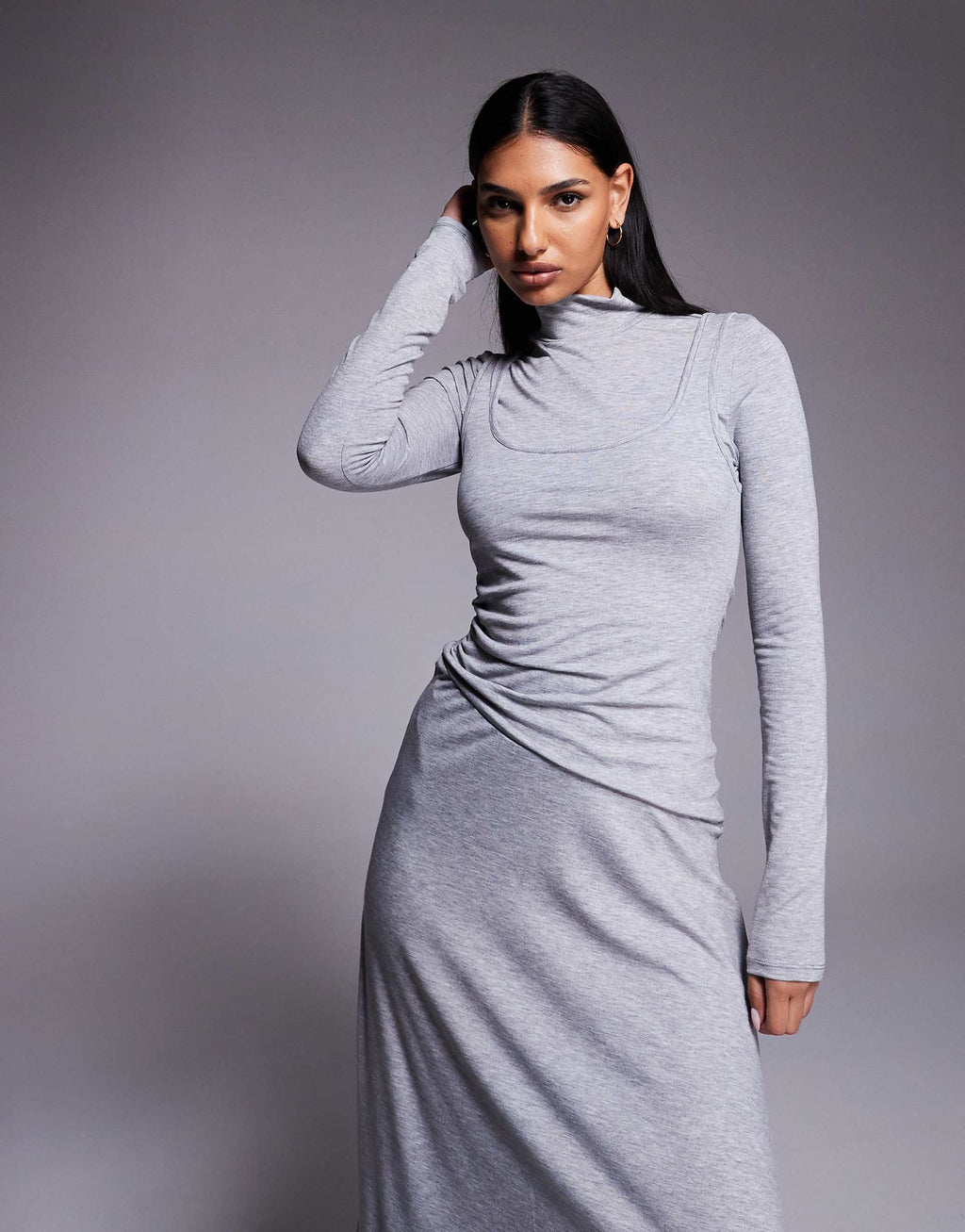 ASOS DESIGN long sleeve double layer handkerchief hem midi dress in heather gray
