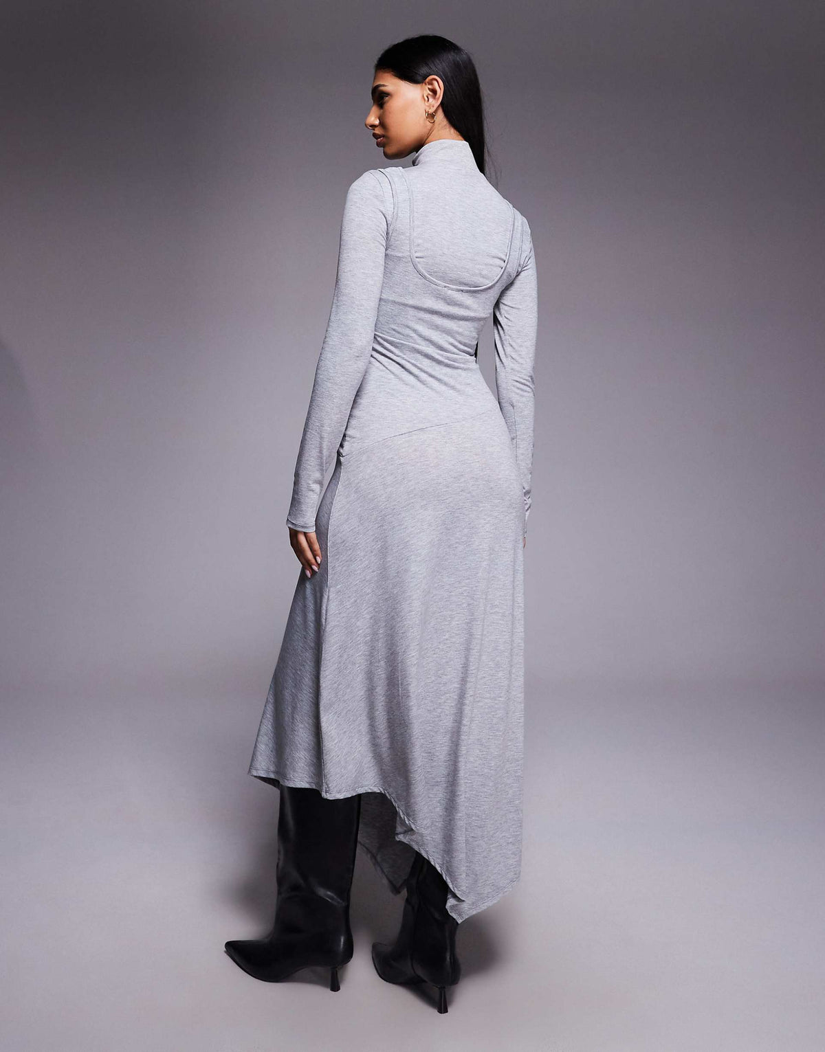 ASOS DESIGN long sleeve double layer handkerchief hem midi dress in heather gray