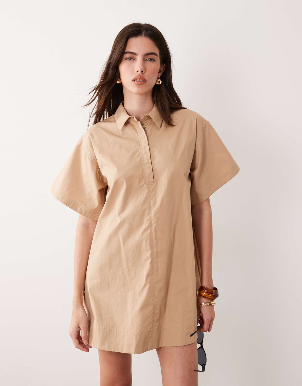 ASOS DESIGN relaxed short sleeve poplin mini dress in tan