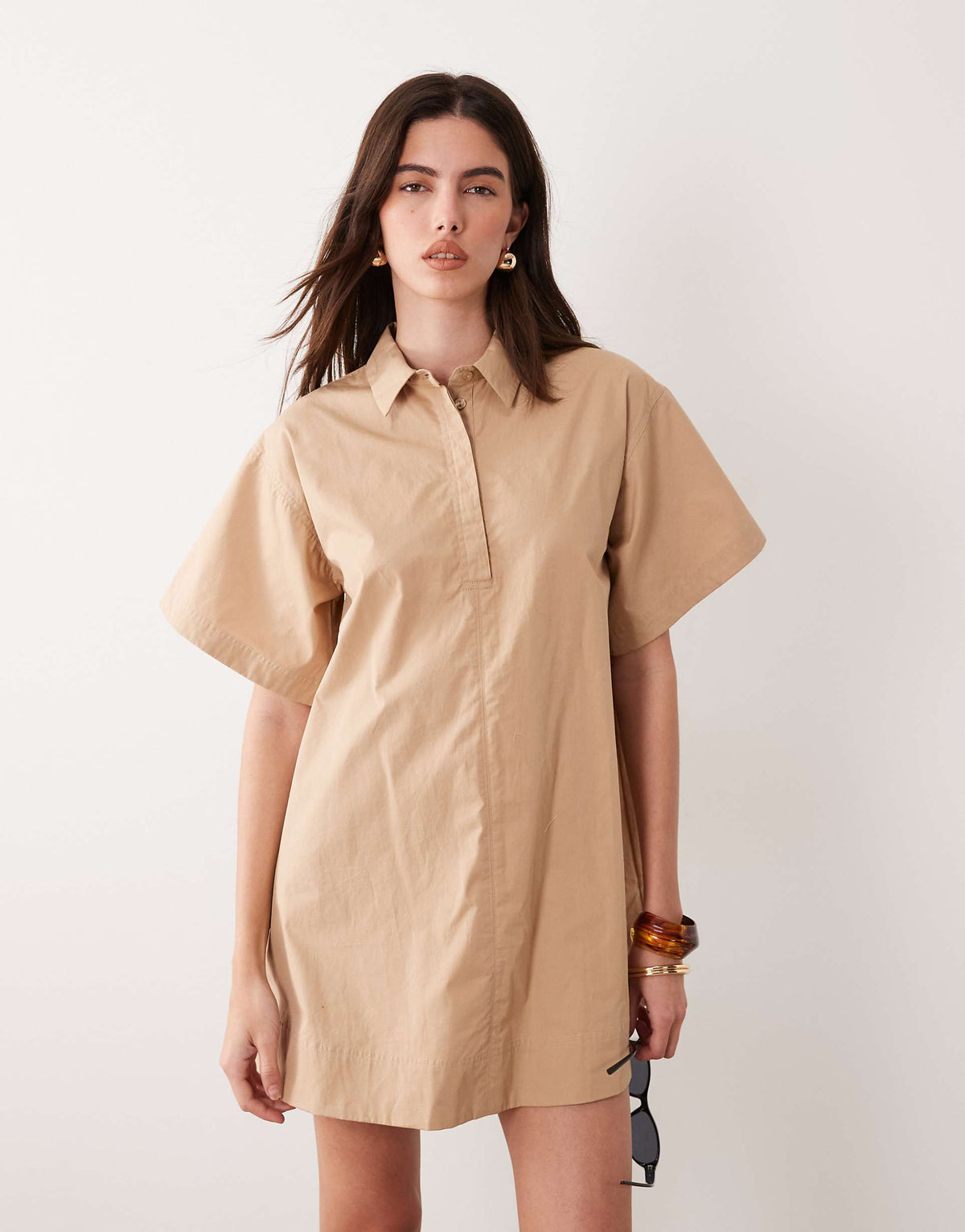 ASOS DESIGN relaxed short sleeve poplin mini dress in tan
