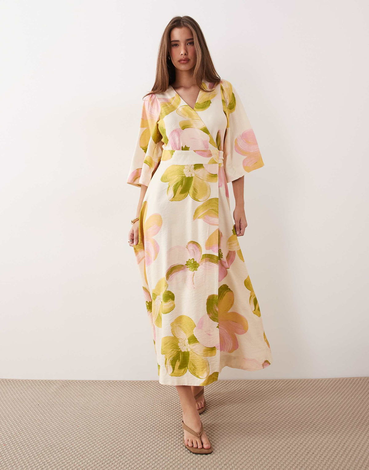 YAS ruffle sleeve wrap maxi dress in pastel floral print